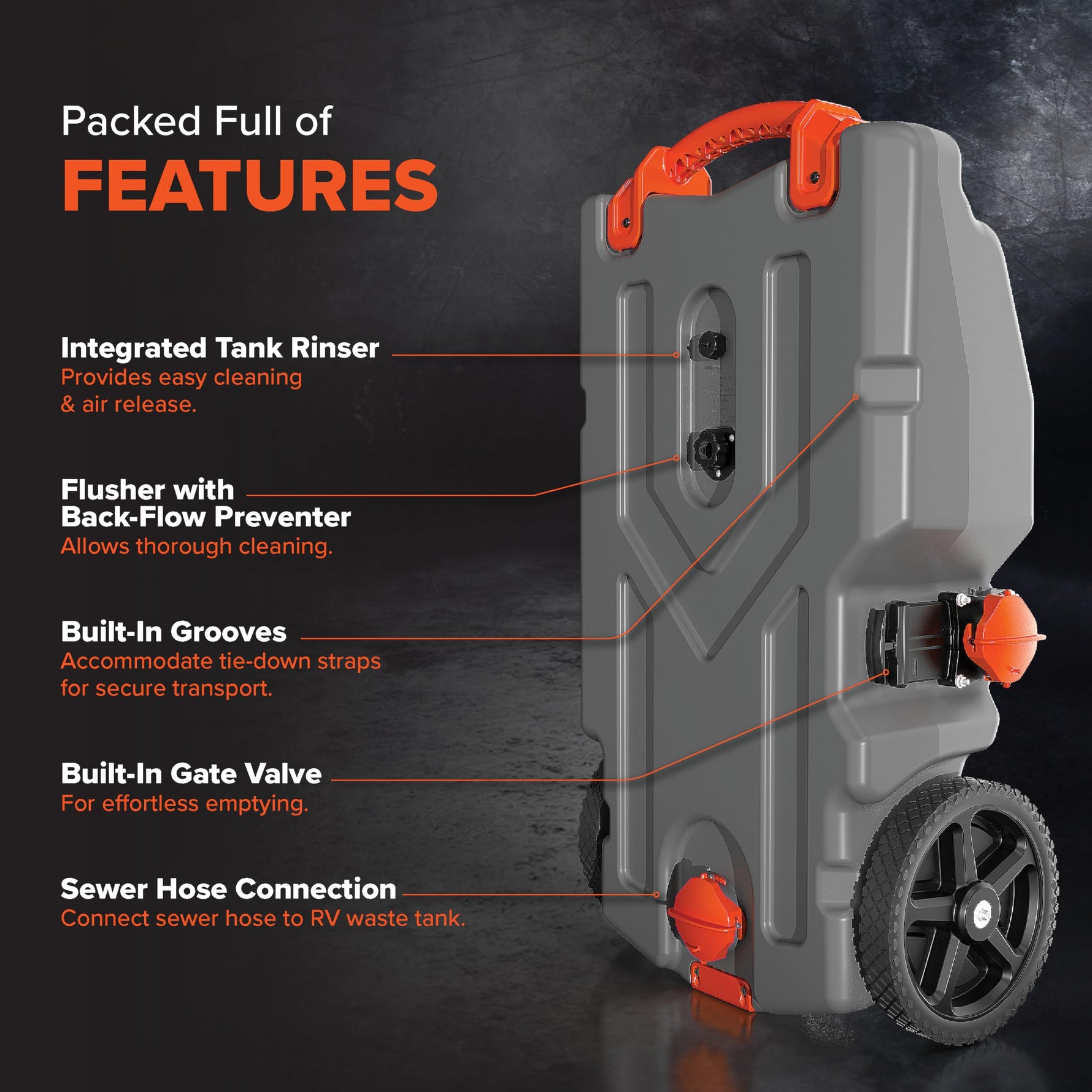 Camco Rhino 36-Gallon RV Tote Tank - Features Large Heavy-Duty No-Flat Wheels & Built-in Gate Valve - Removable Steel Tow Adapter, 3’ Sewer Hose & More RV Accessories (39006)
