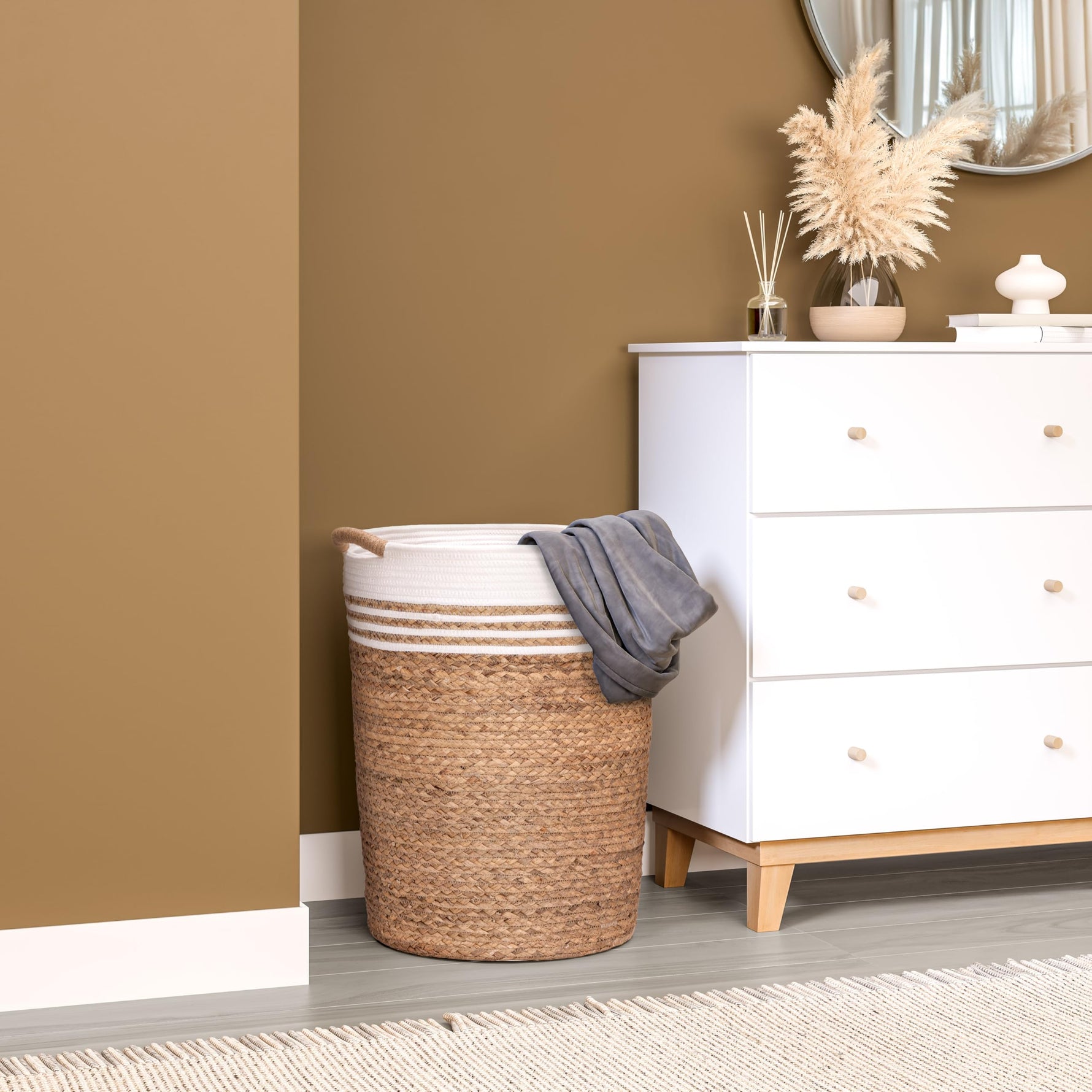 Seville Classics Premium Natural Handwoven Portable Laundry Bin Basket with Carrying Handles, Household Storage for Clothes, Linens, Sheets, Natural Water Hyacinth and Gray Rope, 3 Piece Set