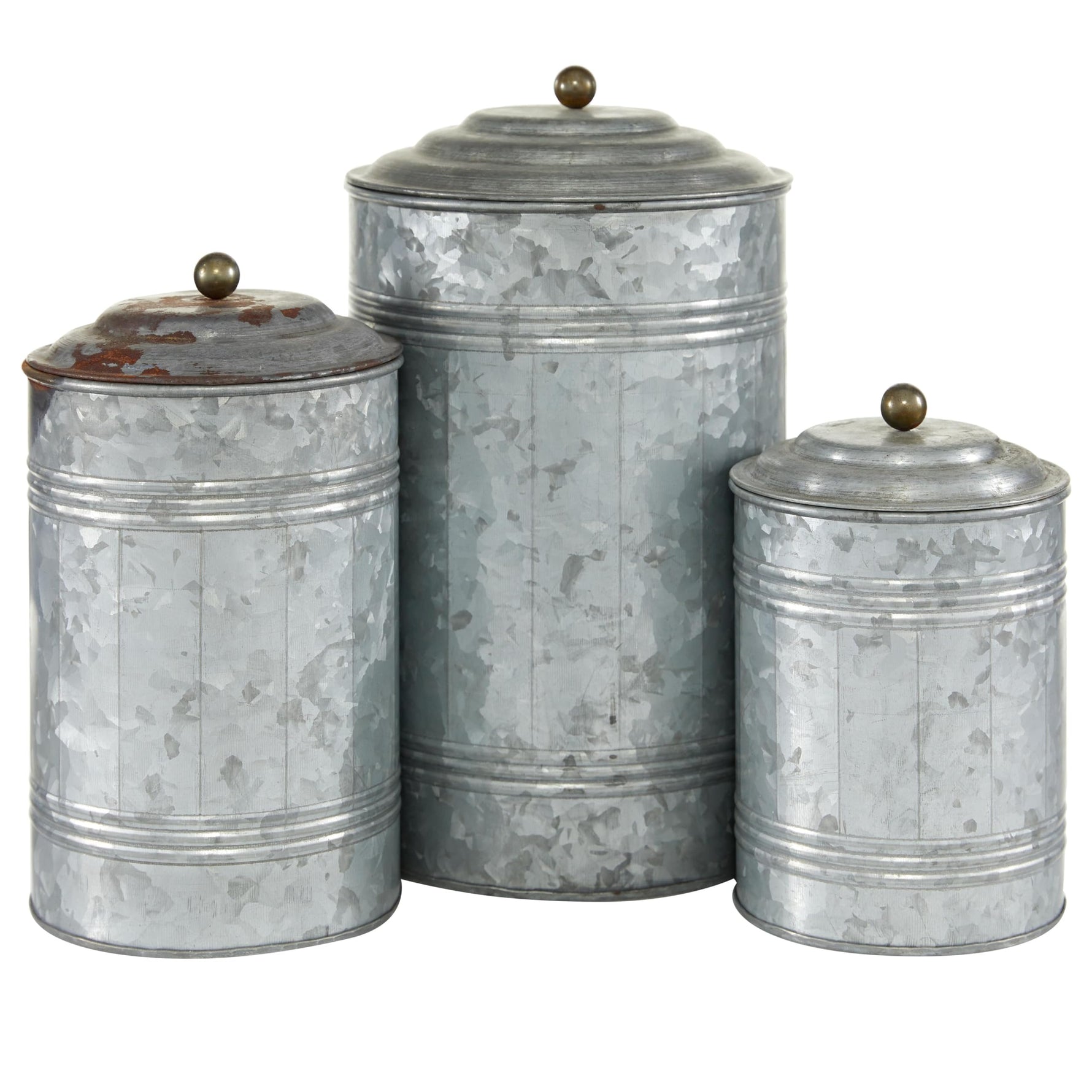 Deco 79 Metal Living Room Decorative Jars Galvanized Ribbed Decorative Container with Gold Ball Knobs, Set of 3 Jar with Lid 12", 9", 8"H, Gray