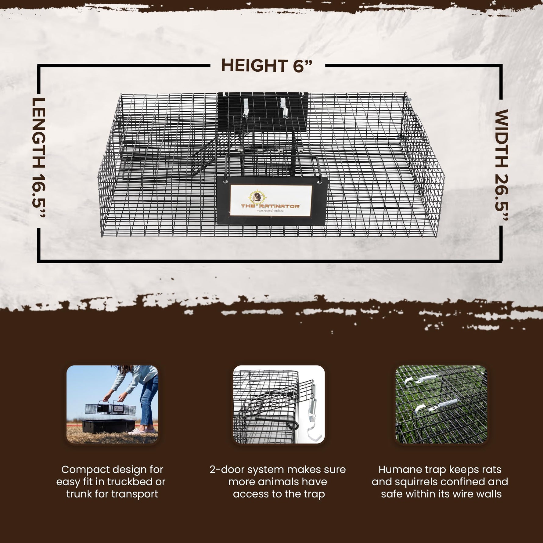 Rugged Ranch Ratinator Live Rat and Mouse Trap Cage, Humane Multi Catch Rodent Control - Indoor or Outdoor Large Metal Wire Catcher with Dual Door for Rats and Mice