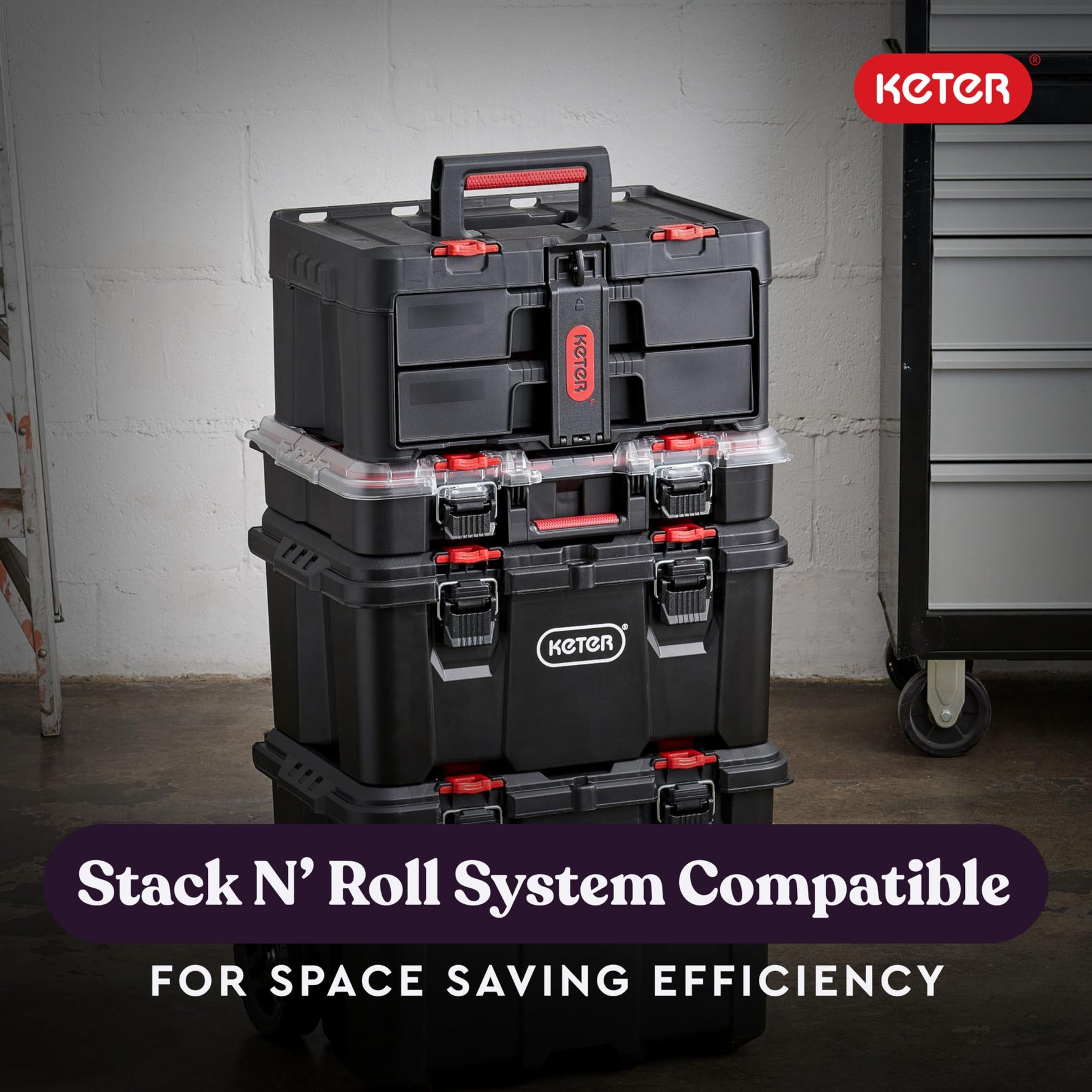 Keter Stack-n-Roll 3-Piece Rolling Tool Storage System – Includes Dolly, Tool Box & Deep Power Tool Case | Modular Mobile Tool Organizer | Stackable Design for Garage, Jobsite & Workshop