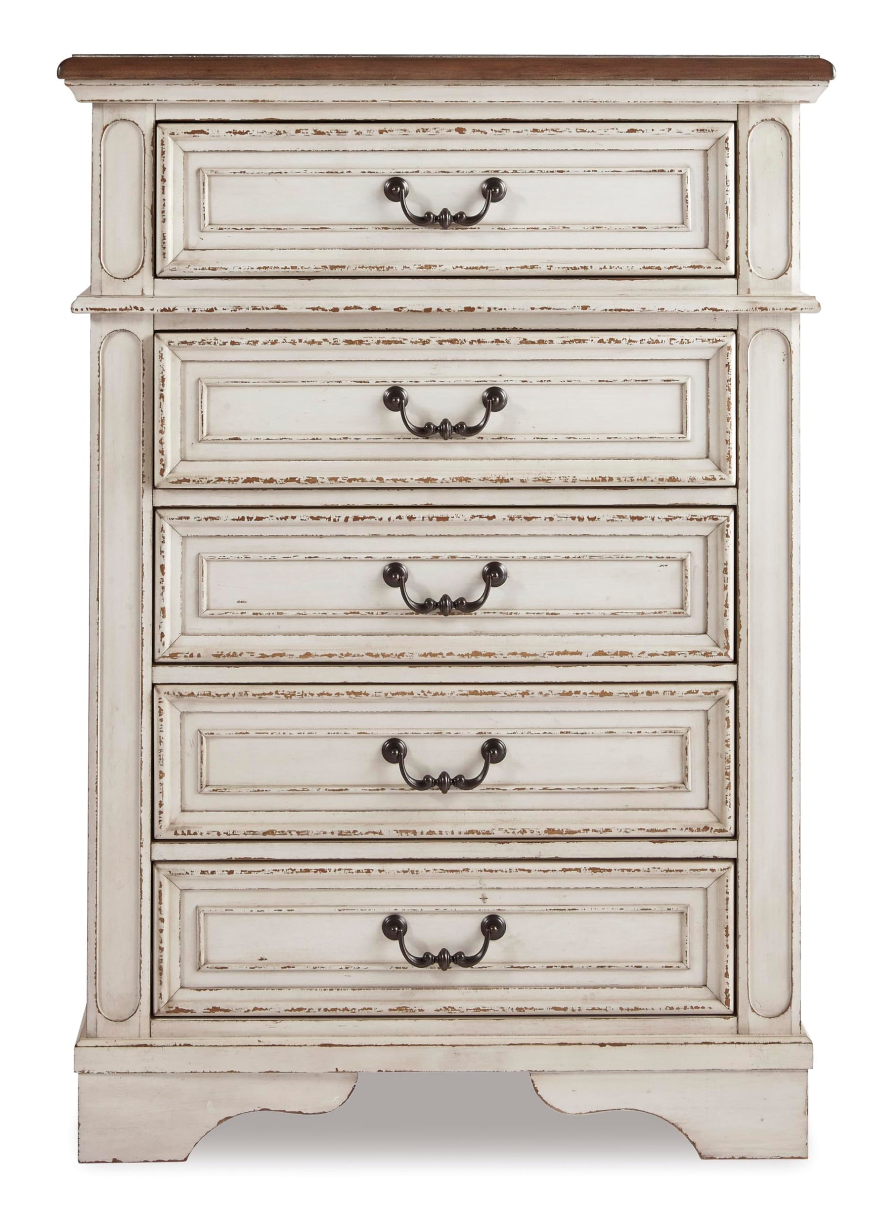 Signature Design by Ashley Realyn French Country 5 Drawer Chest, Tipover Restraint Device, 2-tone Finish, Wood, 40.13" W x 18.13" D x 58.13" H, Chipped White