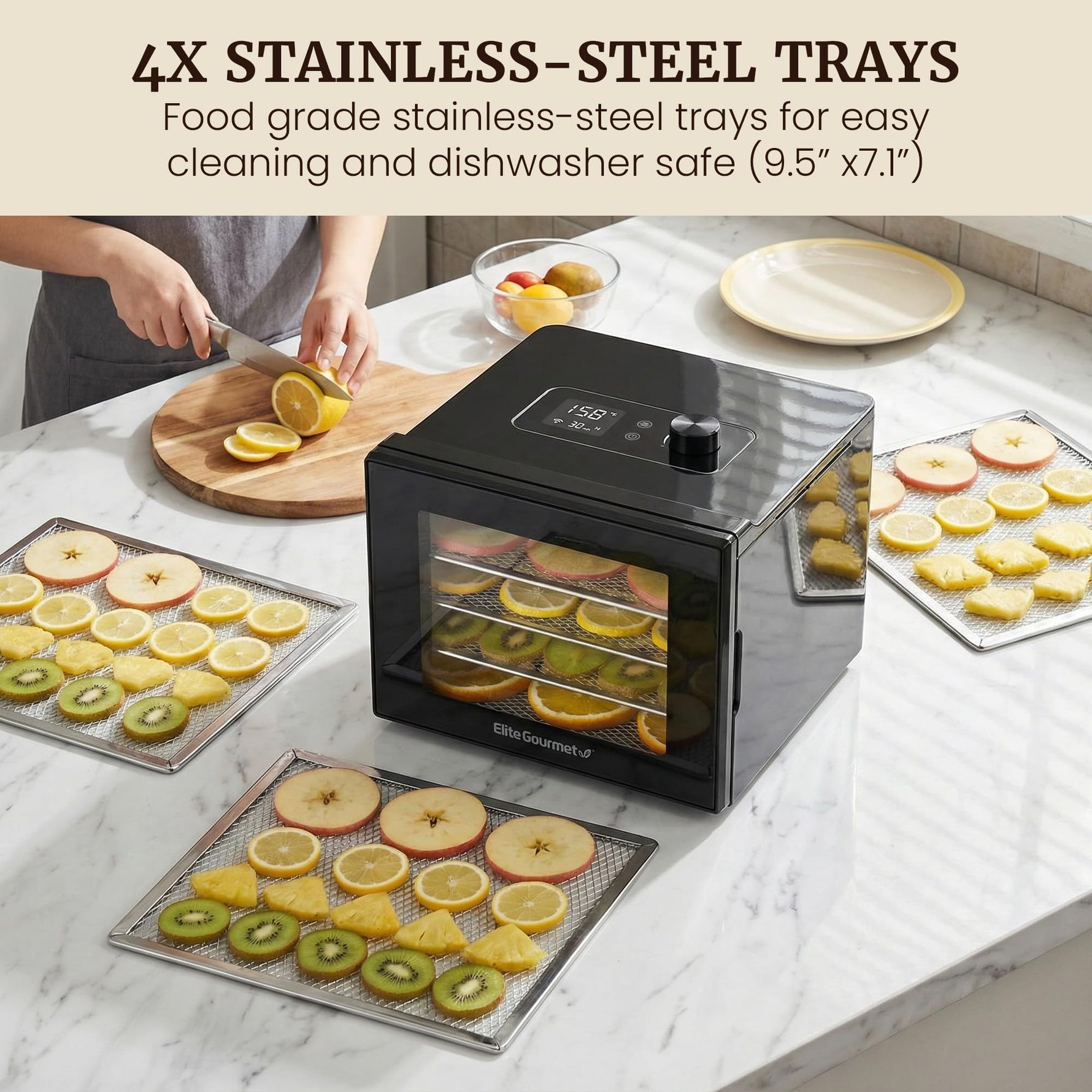 Elite Gourmet Food Dehydrator, Stainless Steel Trays Food Dehydrator, Adjustable Temperature Controls, Jerky Herbs Fruit Veggies Snacks