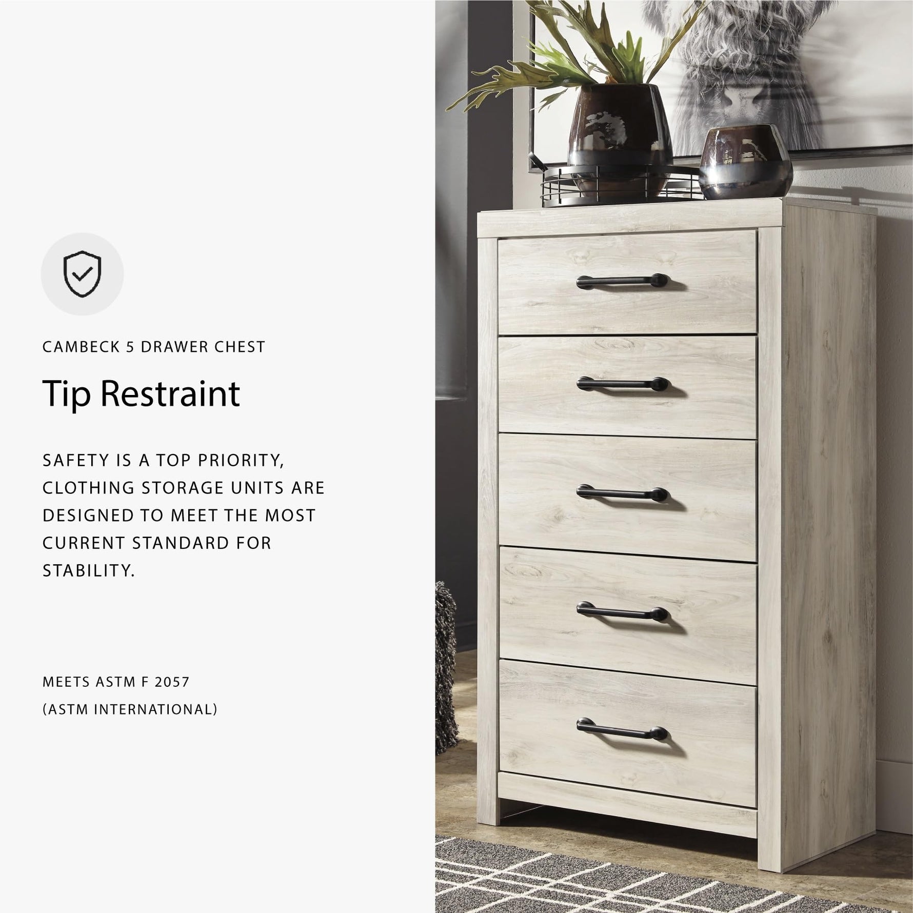 Signature Design by Ashley Cayboni Vintage 5 Drawer Wide Chest with Safety Stop for Bedroom, White