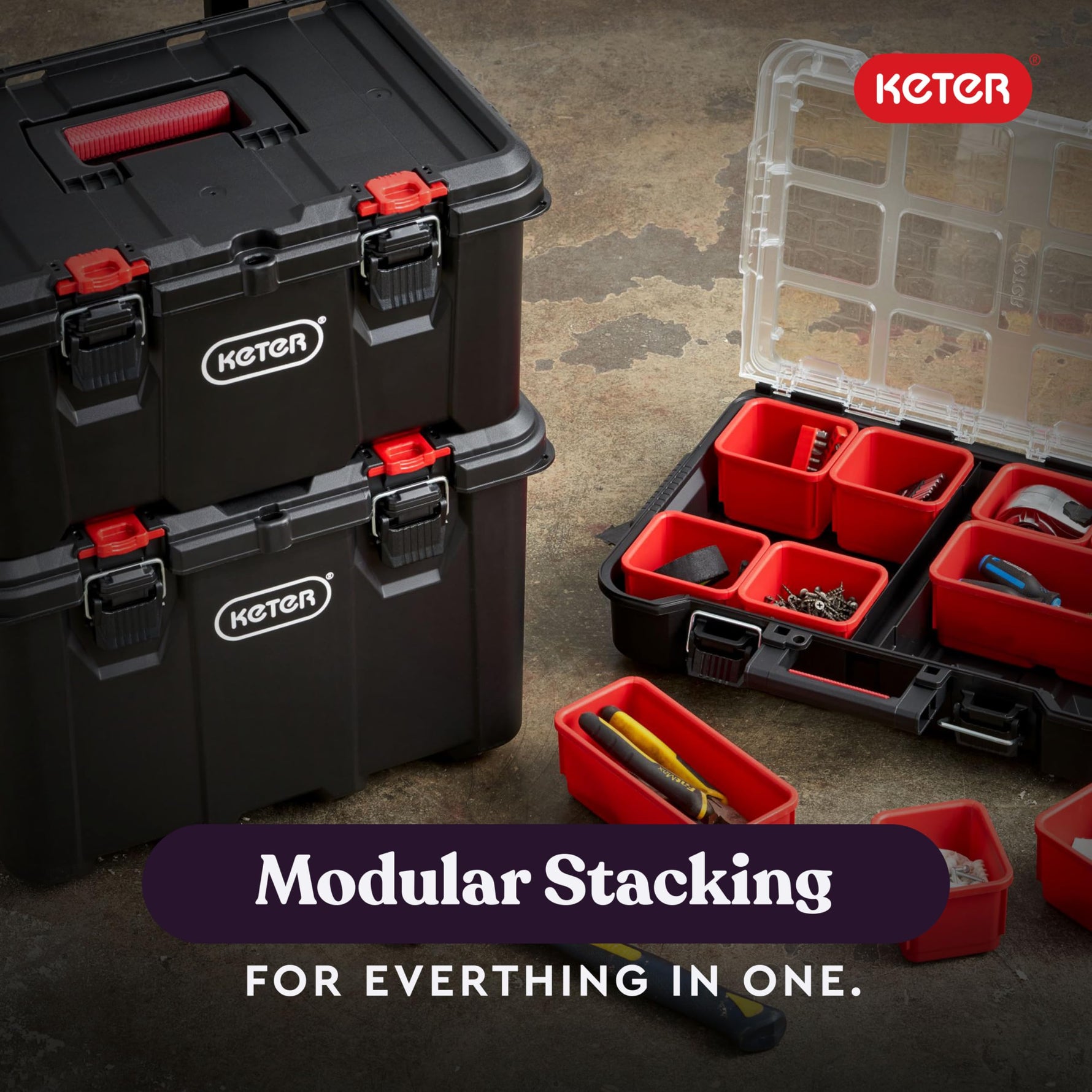 Keter Stack-n-Roll 3-Piece Rolling Tool Storage System – Includes Dolly, Tool Box & Deep Power Tool Case | Modular Mobile Tool Organizer | Stackable Design for Garage, Jobsite & Workshop