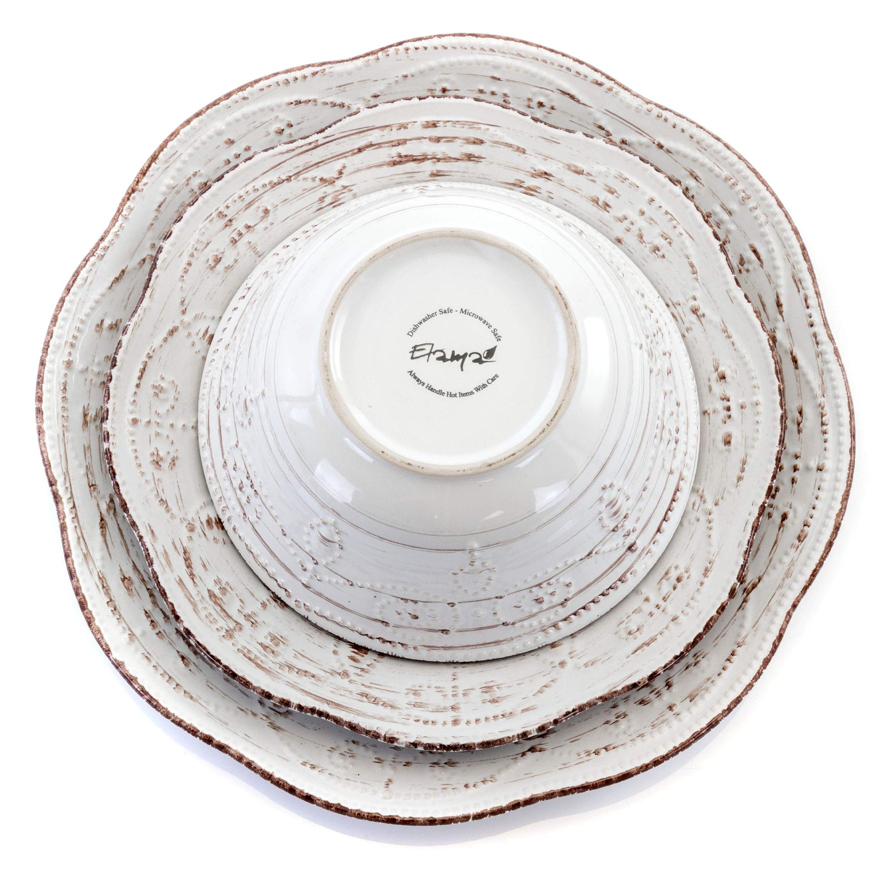 Elama Rustic Birch 16 Piece Embossed Scalloped Stoneware Round Dinnerware Set in White with Brown Accents