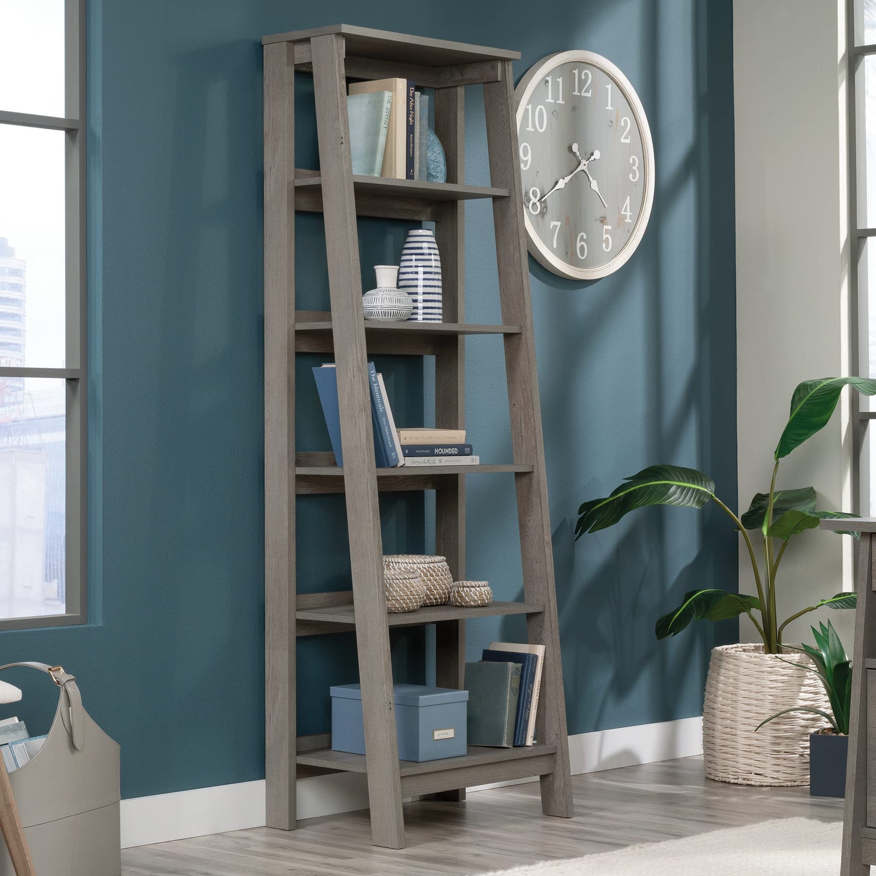 Sauder Ladder Bookshelf 5 Tier Trestle Ladder Shelf Wooden Bookcase, in Jamocha Wood