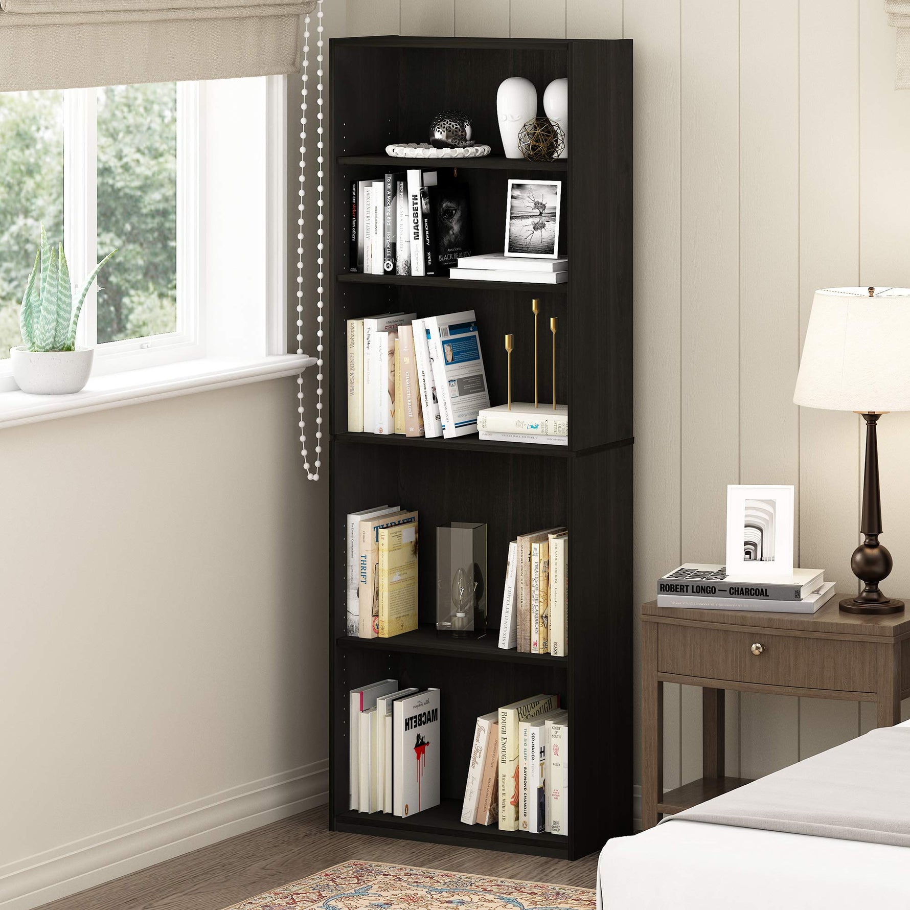 Furinno Jaya Book Shelf, 5-Tier Bookshelf, Bookcase with Adjustable Shelves, 9.5 x 24.5 x 71.2, for Organization and Storage, for Living Room, Bedroom, Home Office, Blackwood
