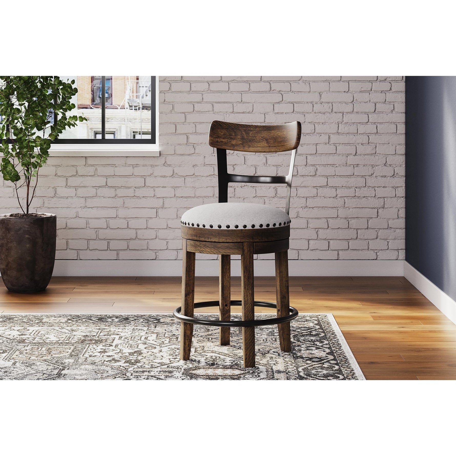 Signature Design by Ashley Valebeck Upholstered Swivel Stool, Cushioned Seat, Woven Fabric Upholstery, Wood, 24" H, Brown & Black