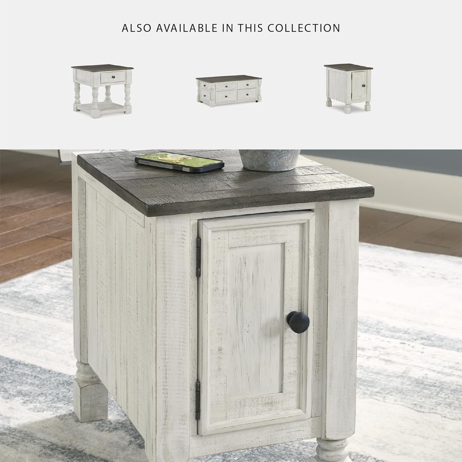 Signature Design by Ashley Havalance Casual Chair Side End Table, Dual USB Charging Port, Fixed Shelf, Pine Wood, 16" W x 24.25" D x 22.88" H, White & Gray