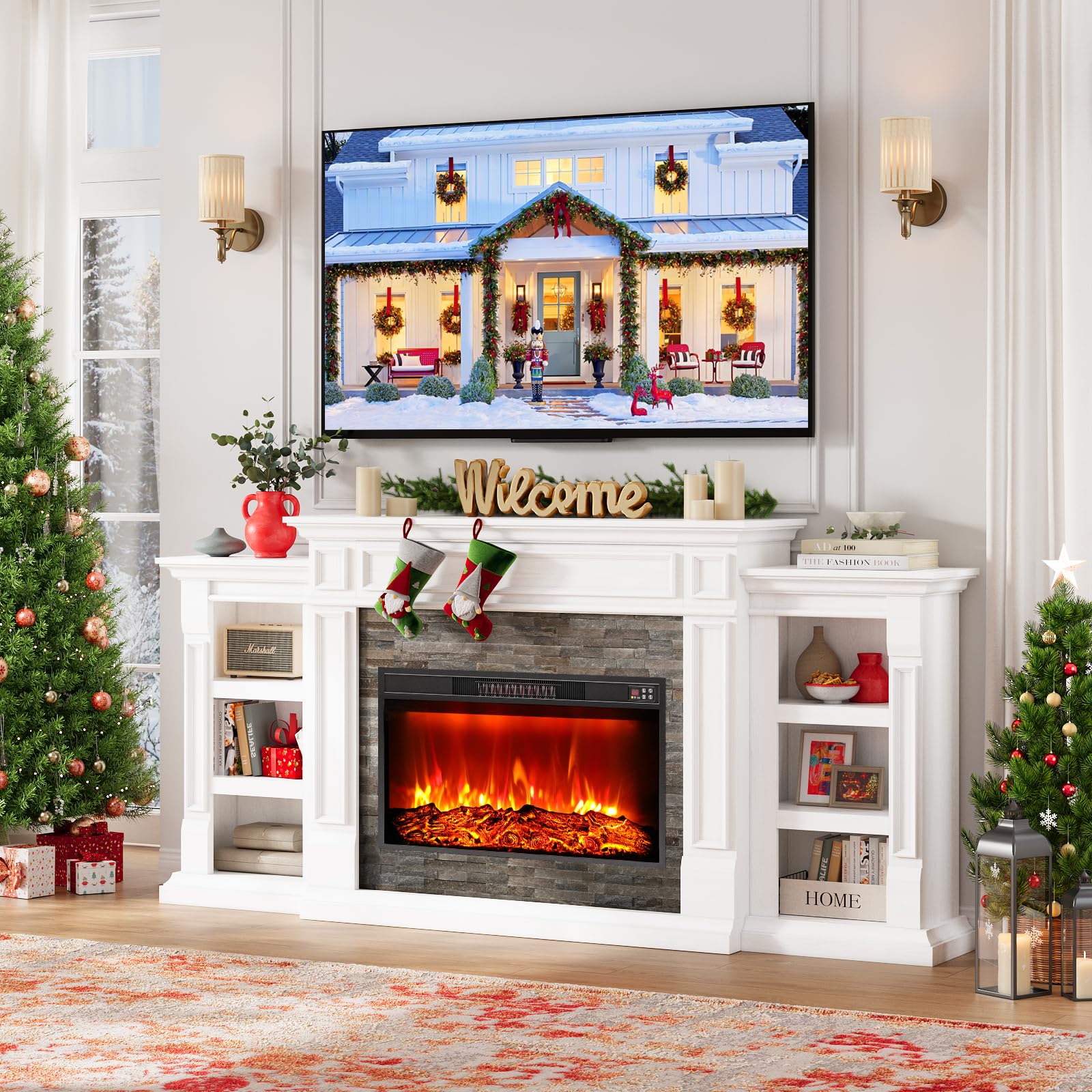 Naice 72" Electric Fireplace with Mantel and Cabinets, Fireplace TV Stand for Living Room Bedroom, Stacked Stone Surround and Remote Control 3D Realistic Flame, Black
