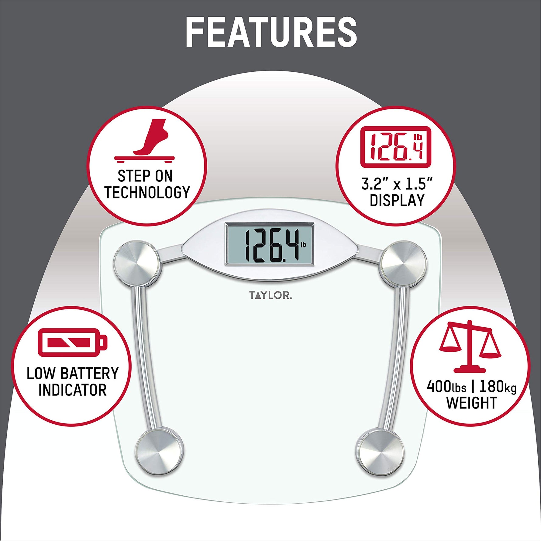 Taylor Digital Bathroom Scale, Body Weight Scale, Instant On and Off, 400 lb Capacity, Sturdy Clear Glass with Chrome-Finish Base