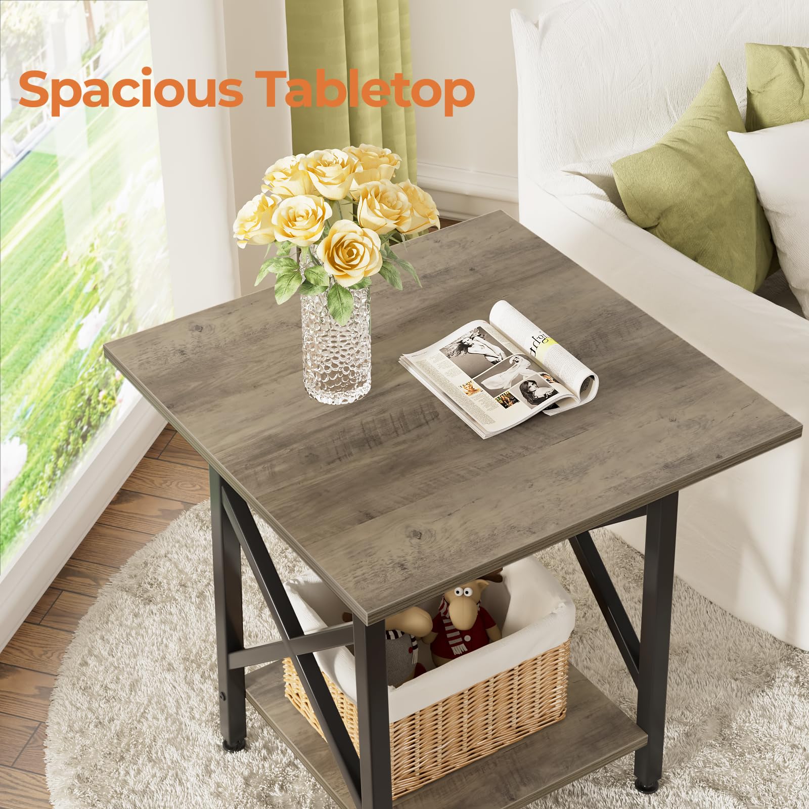 GreenForest End Table 24 inch for Living Room, Large Square Side Tables with X-Frame, Tall Industrial Bedside Nightstand with 2-Tier Storage, Rustic Walnut