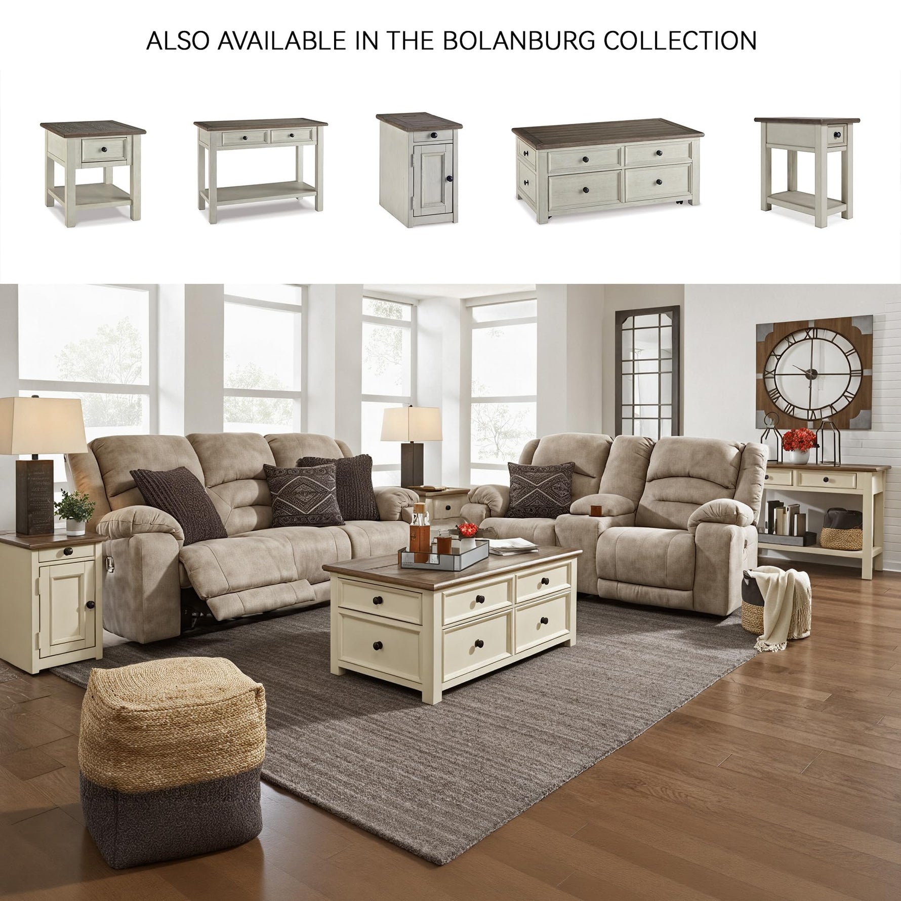 Signature Design by Ashley Bolanburg Chairside End Table With Charging Station, Two-Tone Wood Accent Table With Drawer Storage, Plank Top Design for Living Room or Bedroom, Antique White