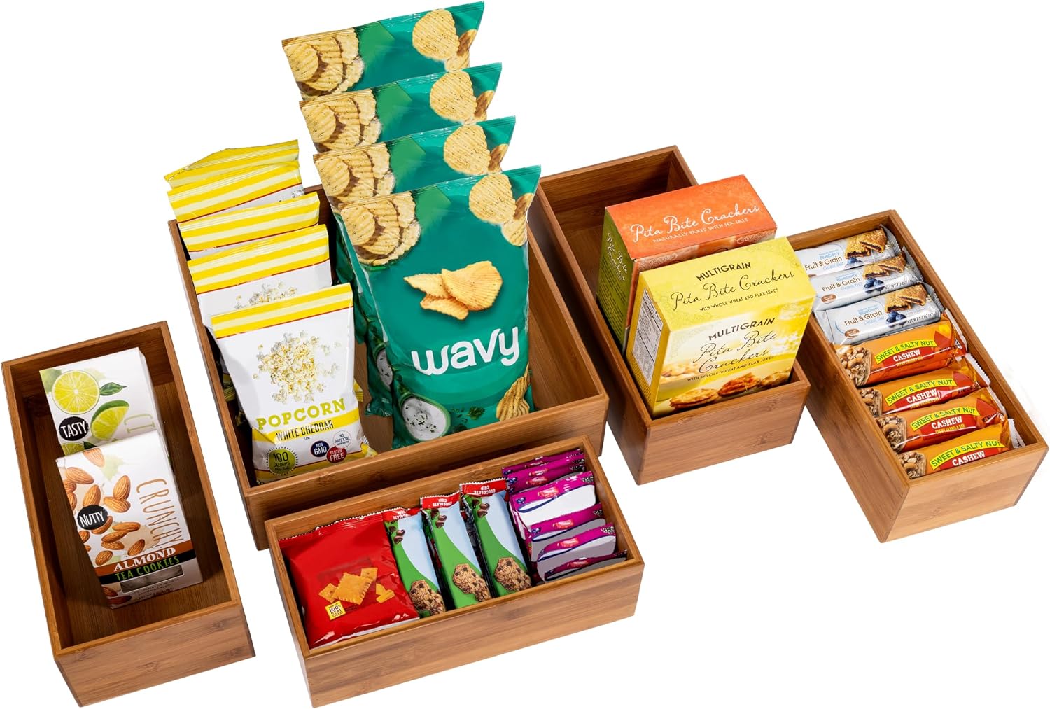 Seville Classics Bamboo Wood Storage Bins Organizer Boxes for Kitchen Counter, Pantry, Closet, Office Bedroom, Makeup, Bathroom, Nursery, K Cup, 5 Piece 3-Size (1 XL, 2L, 2M) Shelf Bin Set, Bamboo