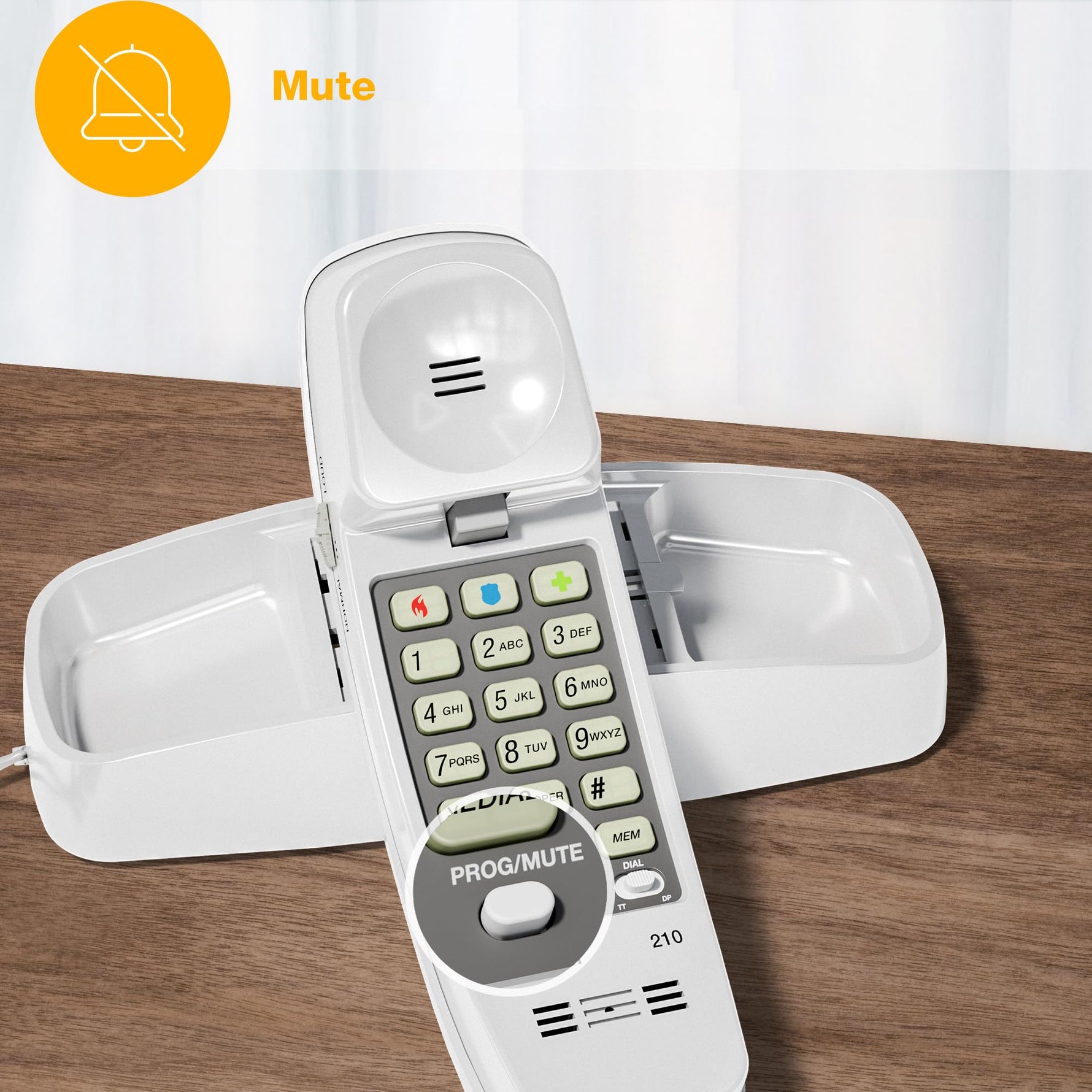 AT&T 210 Basic Trimline Corded Phone, No AC Power Required, Wall-Mountable, White