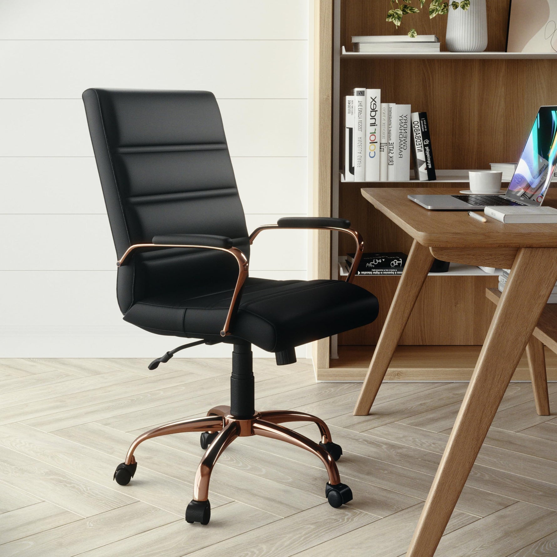 Flash Furniture Whitney Mid-Back Swivel LeatherSoft Desk Chair with Wheels, Padded Seat and Armrests, Adjustable Height Padded Office Chair, Black