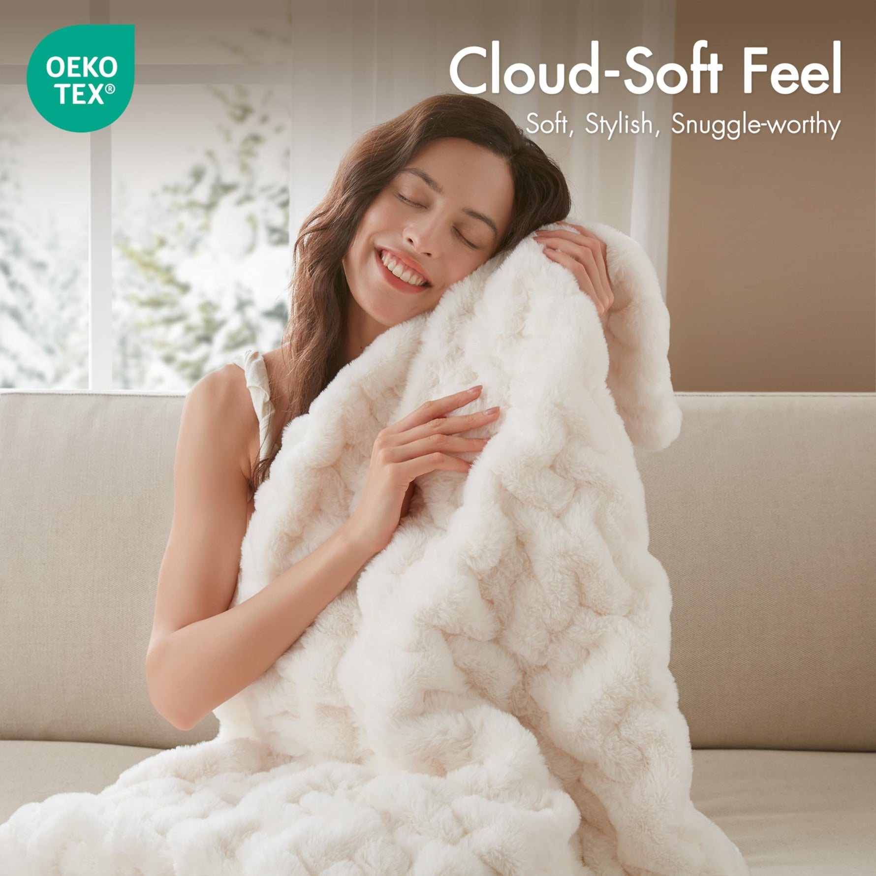 Madison Park Ruched Fur Luxury Throw Premium Soft Cozy Brushed Long Faux Fur For Bed, Couch or Sofa , 50x60" , Ivory