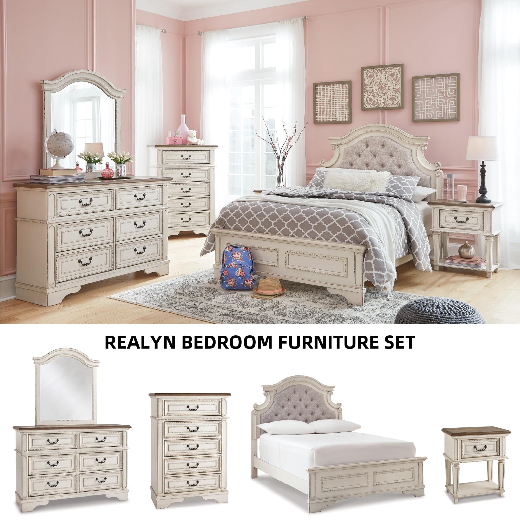 Signature Design by Ashley Realyn French Country 5 Drawer Chest, Tipover Restraint Device, 2-tone Finish, Wood, 40.13" W x 18.13" D x 58.13" H, Chipped White