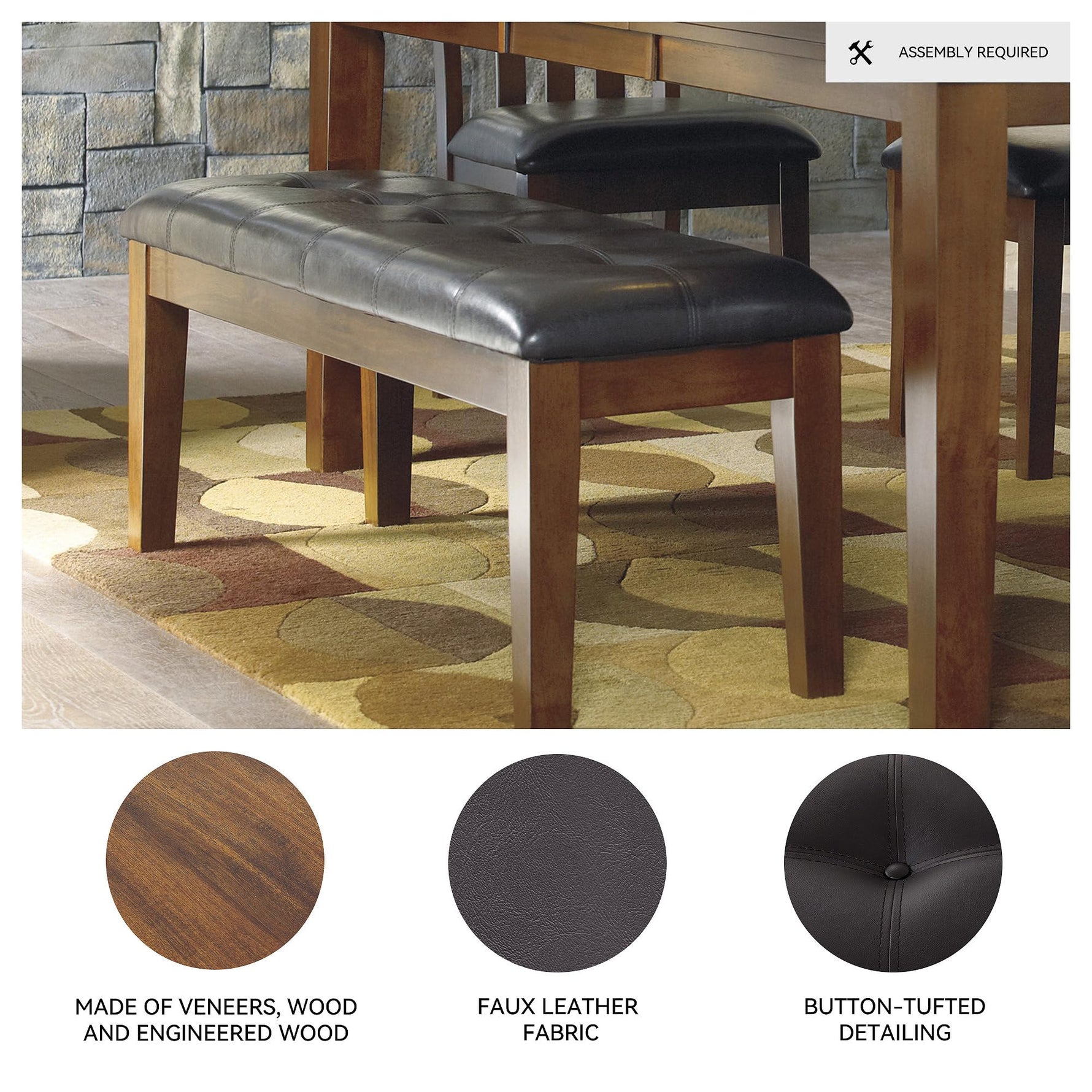 Signature Design by Ashley Ralene Tufted Upholstered Dining Room Bench, Medium Brown