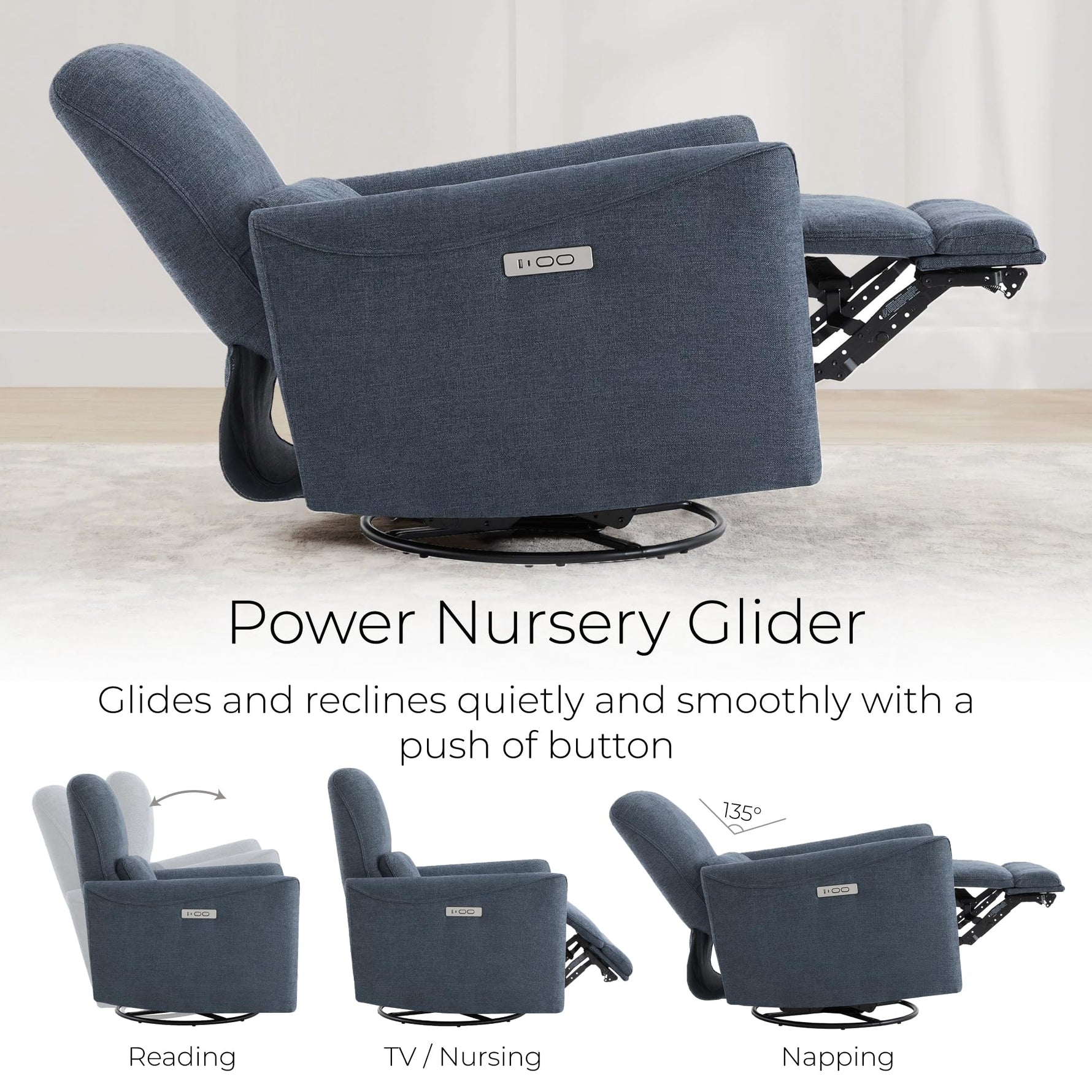 CHITA Power Recliner Chair Swivel Glider, FSC Certified Upholstered Living Room Nursery Reclining Sofa Chair with Lumbar Support, Linen