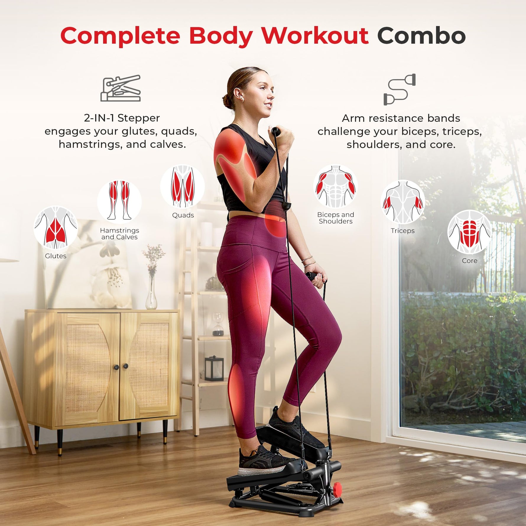 Sunny Health & Fitness Mini Steppers with Digital Monitor and Resistance Bands, Compact Low-Impact Cardio Machines for Home Workouts