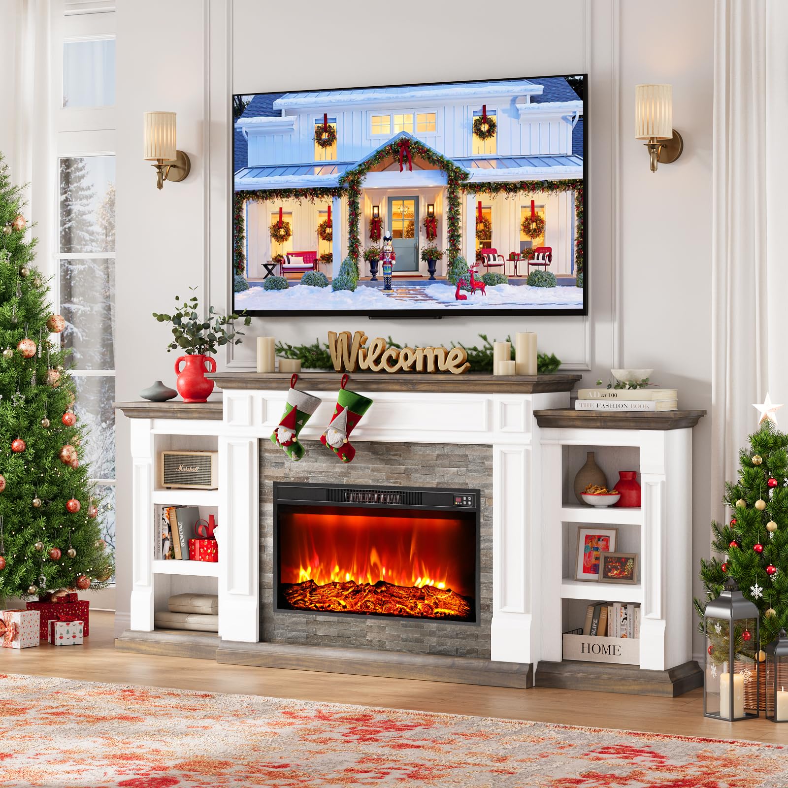 Naice 72" Electric Fireplace with Mantel and Cabinets, Fireplace TV Stand for Living Room Bedroom, Stacked Stone Surround and Remote Control 3D Realistic Flame, Black