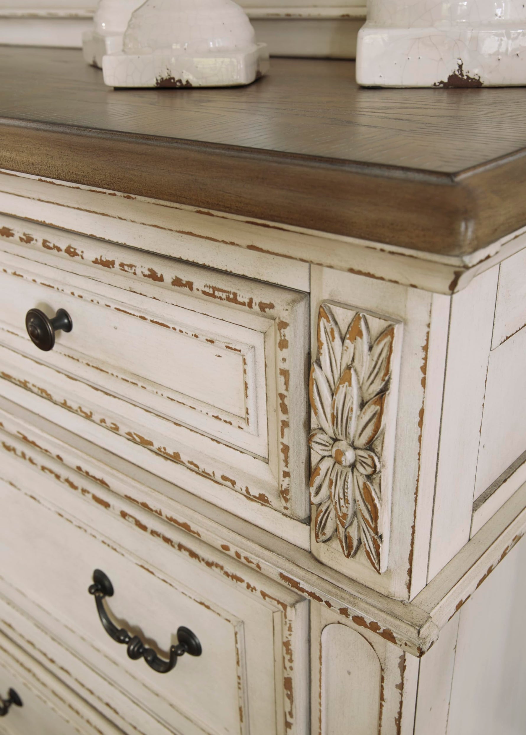 Signature Design By Ashley Realyn French Country Youth 6 Drawer Dresser, Chipped White & Brown