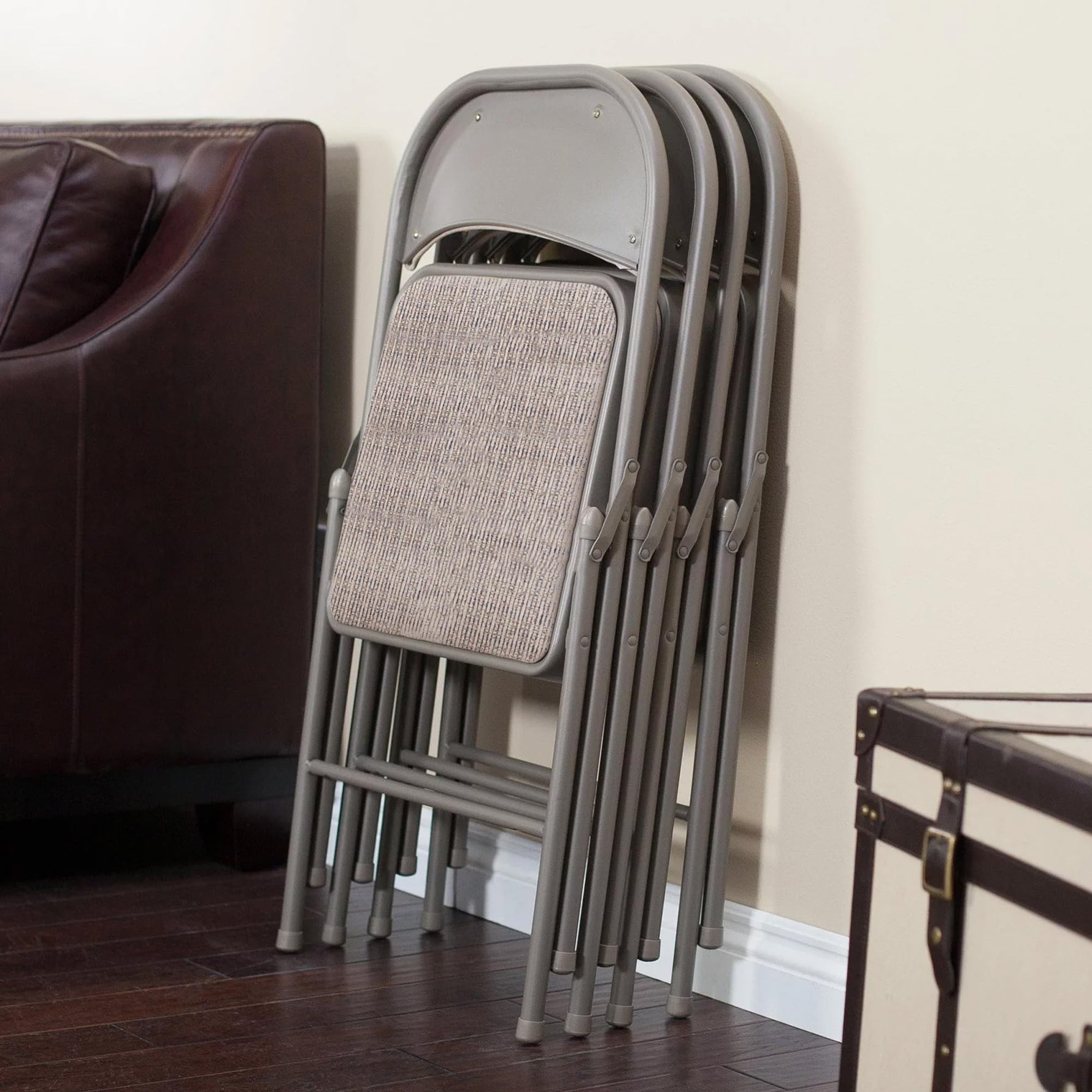 MECO 4-Pack Steel Frame Folding Dining & Event Chairs, Chicory Lace Motif Upholstery, Beige - Foldable Seating with Cushioned Seat and Padded Back for Kitchen, Parties or Game Tables