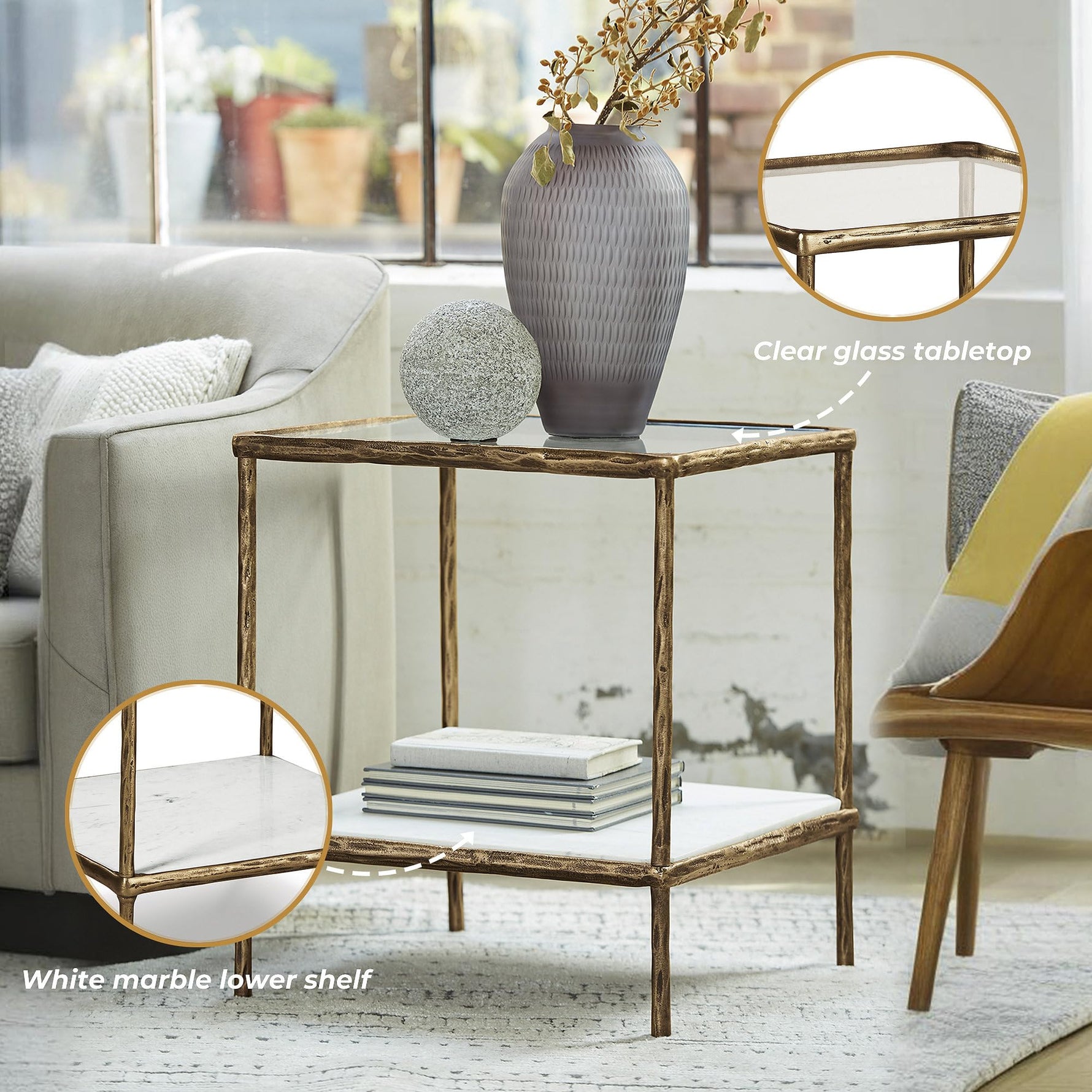 Signature Design by Ashley Ryandale Square Accent Table for Living Room, Sand‑Casted Aluminum Frame With Brass Finish, Glass Top and White Marble Shelf, 21" Size