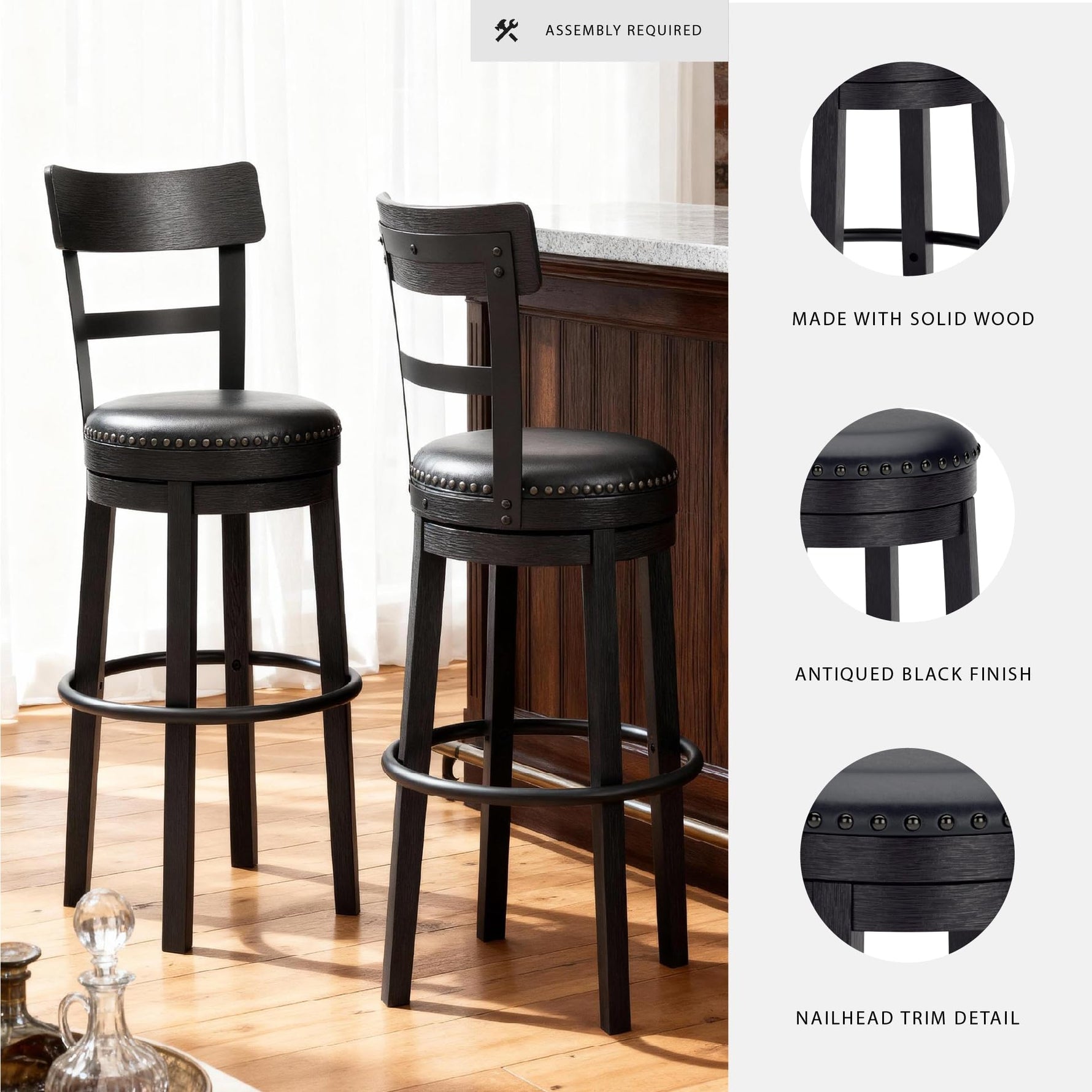 Signature Design by Ashley Valebeck Upholstered Swivel Stool, Cushioned Seat, Woven Fabric Upholstery, Wood, 24" H, Brown & Black