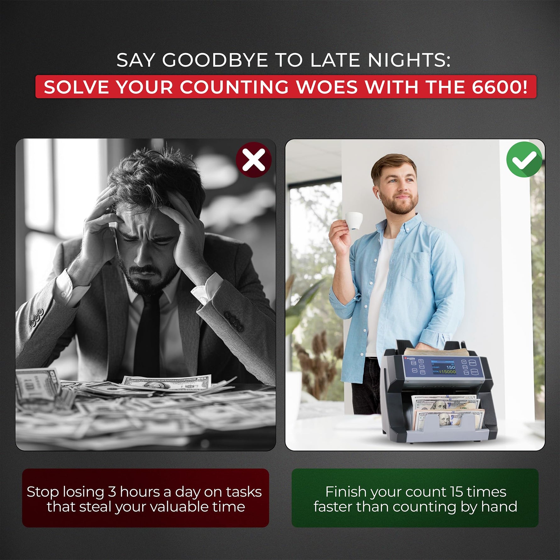 Cassida 6600 UV/MG – USA Business Grade Money Counter with UV/MG/IR Counterfeit Detection – Top Loading Bill Counting Machine w/ValuCount™, Add and Batch Modes – Fast Counting Speed 1,400 Notes/Min
