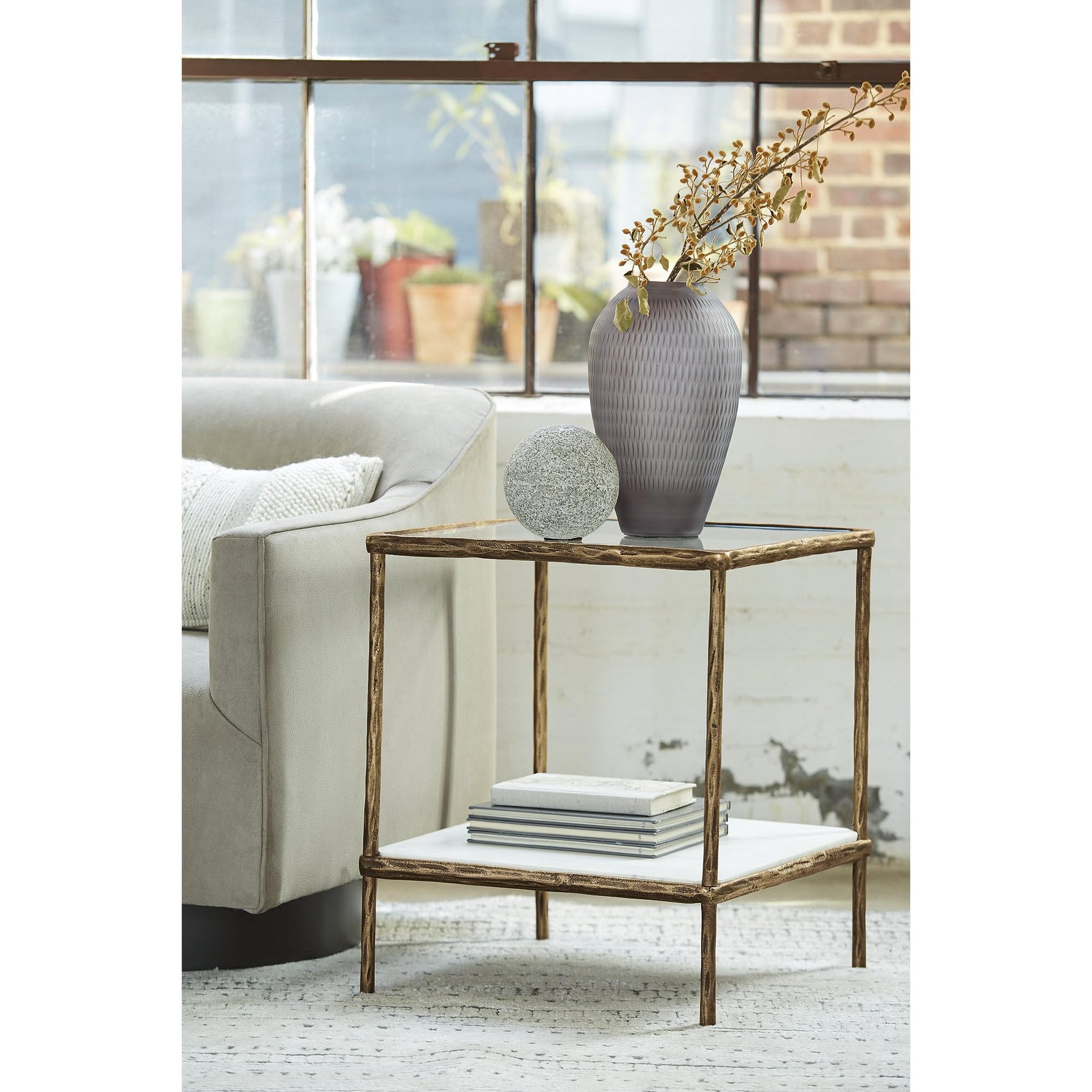 Signature Design by Ashley Ryandale Square Accent Table for Living Room, Sand‑Casted Aluminum Frame With Brass Finish, Glass Top and White Marble Shelf, 21" Size