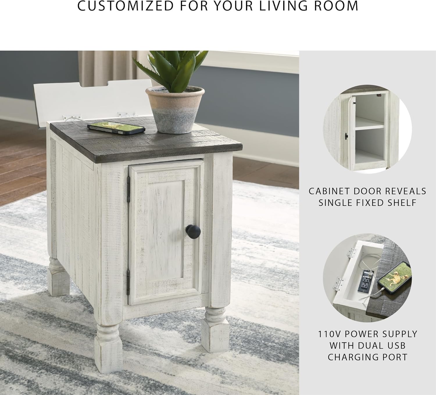 Signature Design by Ashley Havalance Casual Chair Side End Table, Dual USB Charging Port, Fixed Shelf, Pine Wood, 16" W x 24.25" D x 22.88" H, White & Gray