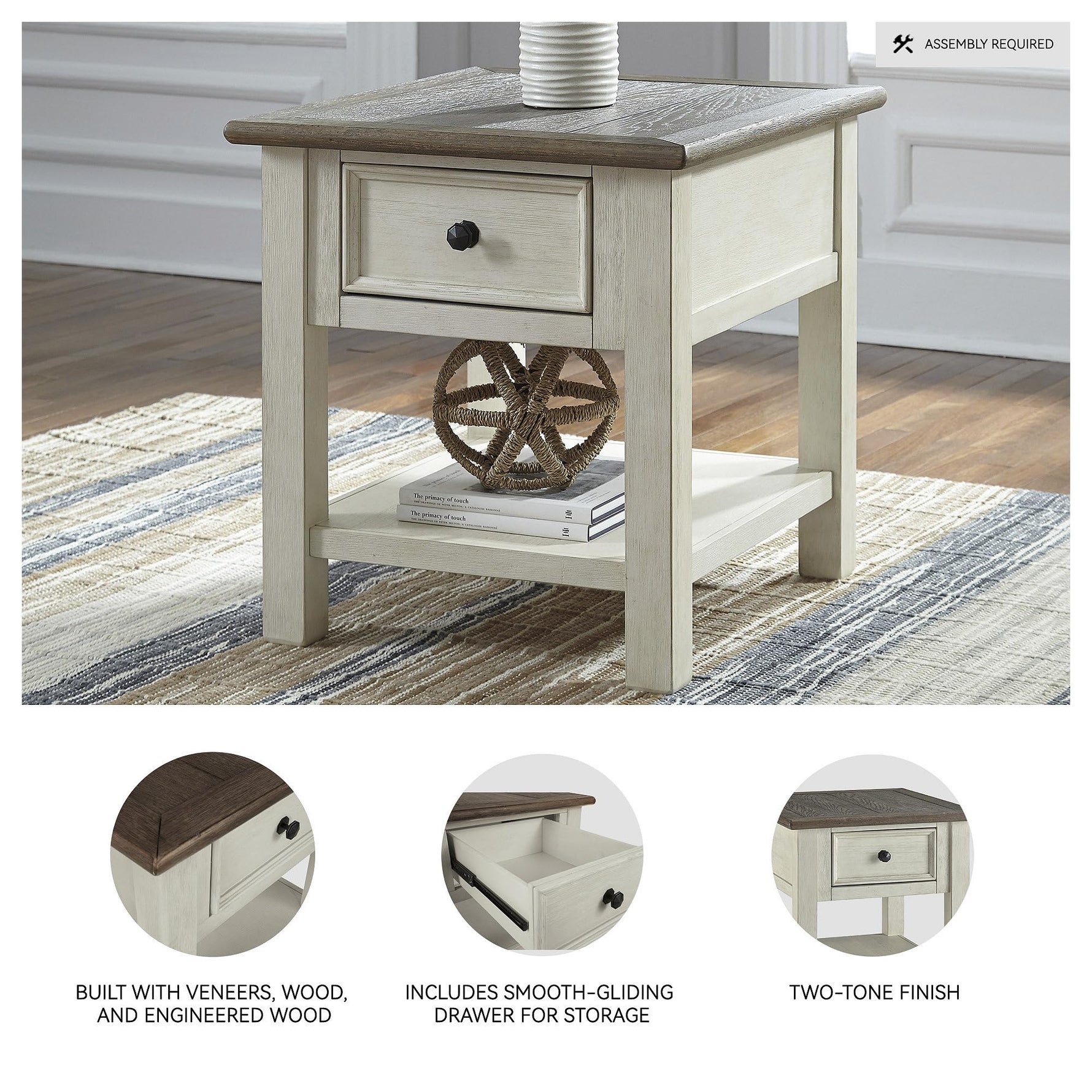 Signature Design by Ashley Bolanburg End Table for Living Room, Two-Tone Distressed Wood Side Table with Smooth-Gliding Drawer, Farmhouse Plank-Style Top, Ideal Night Stand Use, Antique White/Oak