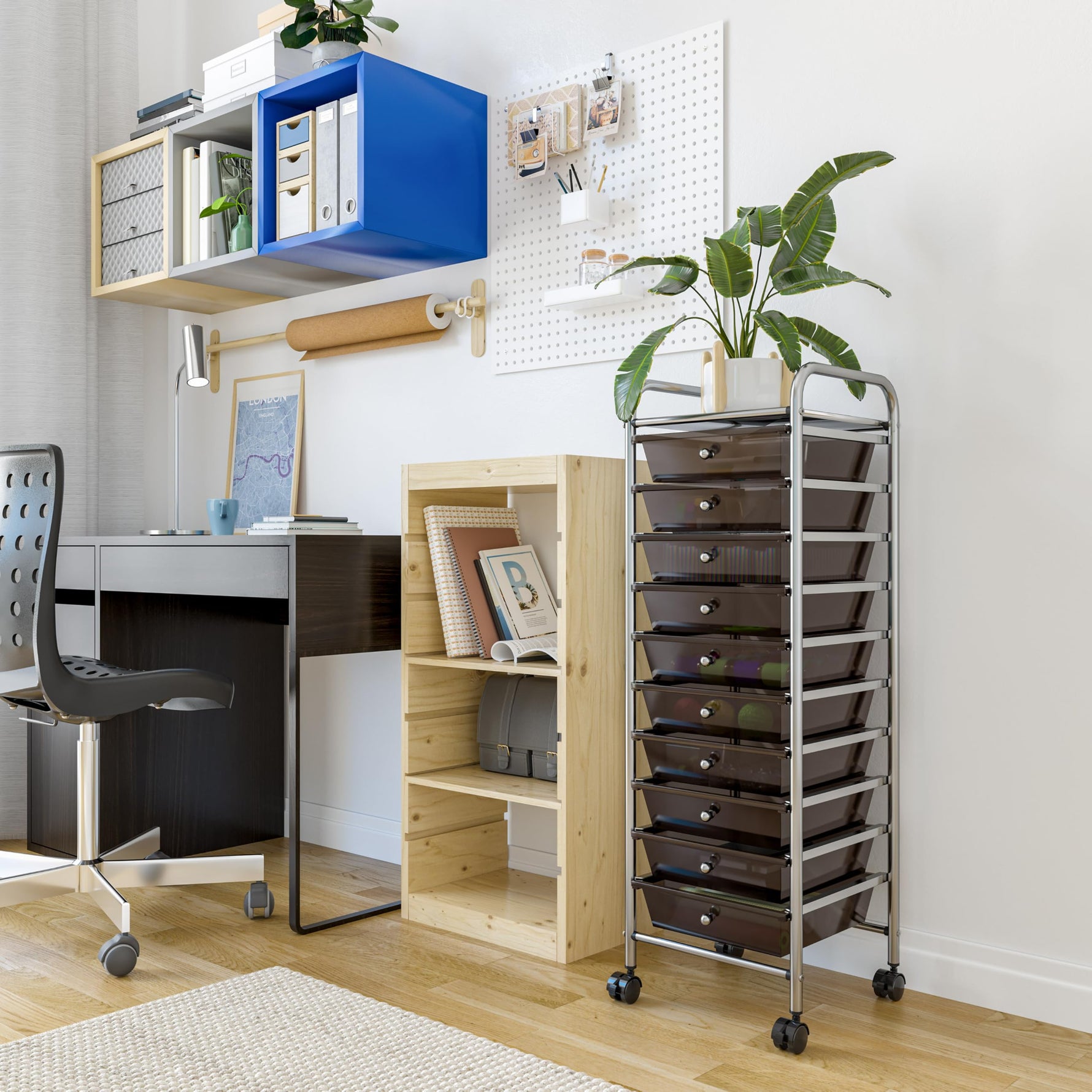 Seville Classics Rolling Utility Organizer Storage Cart , for Home Office, School, Classroom, Scrapbook, Hobby, Craft, 15 Drawer, Black