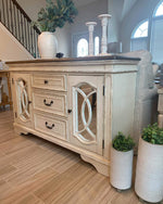 Signature Design by Ashley Realyn French Country Distressed Dining Room Server, 3 Drawers, 2 Cabinet Doors, Wood, 59" W x 17" D x 36.5" H, Chipped White