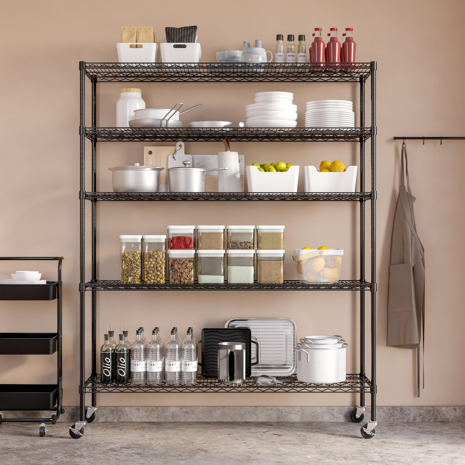 UltraDurable 5-Tier NSF Steel Wire Shelving, 48"W x 24"D x 76"H, Black | Heavy-duty commercial-grade solid steel wire storage rack featuring 800 pounds per shelf weight capacity