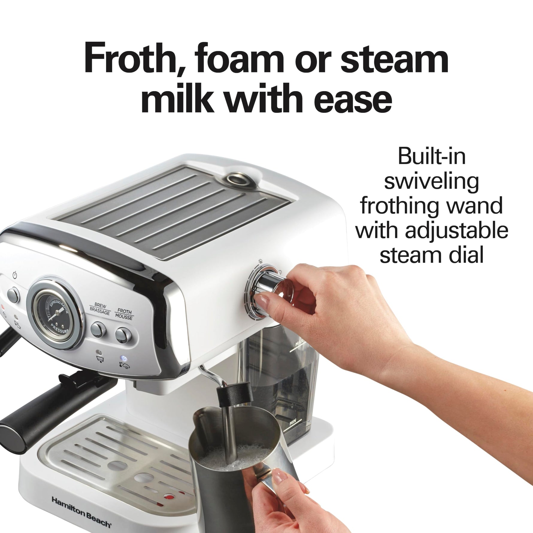 Hamilton Beach Slide & Lock Espresso Machine With Milk Frother Steam Wand For Cappuccino & Latte, 15 Bar Pump and Two Spouts, Removable Reservoir, Compact, Retro Design, White (40731)