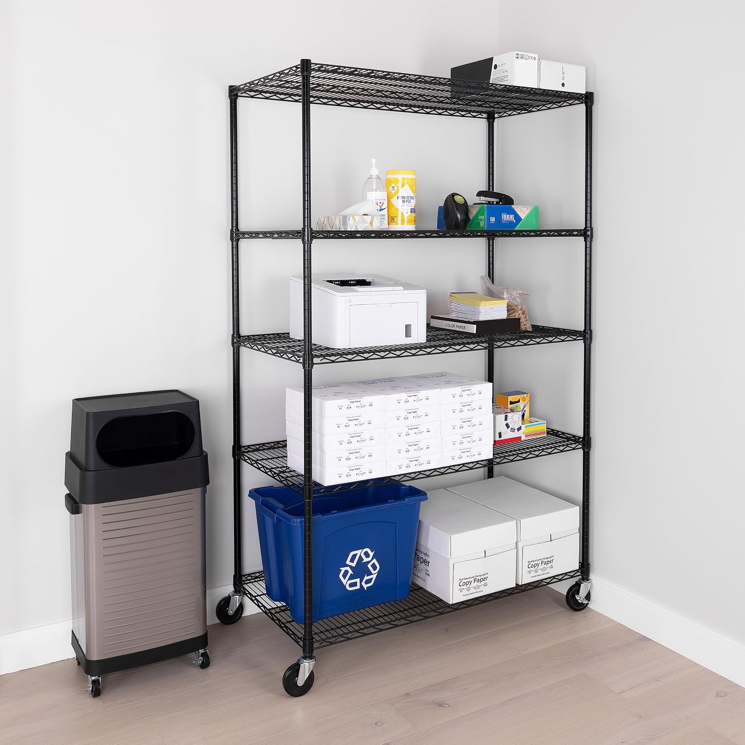 UltraDurable 5-Tier NSF Steel Wire Shelving, 48"W x 24"D x 76"H, Black | Heavy-duty commercial-grade solid steel wire storage rack featuring 800 pounds per shelf weight capacity