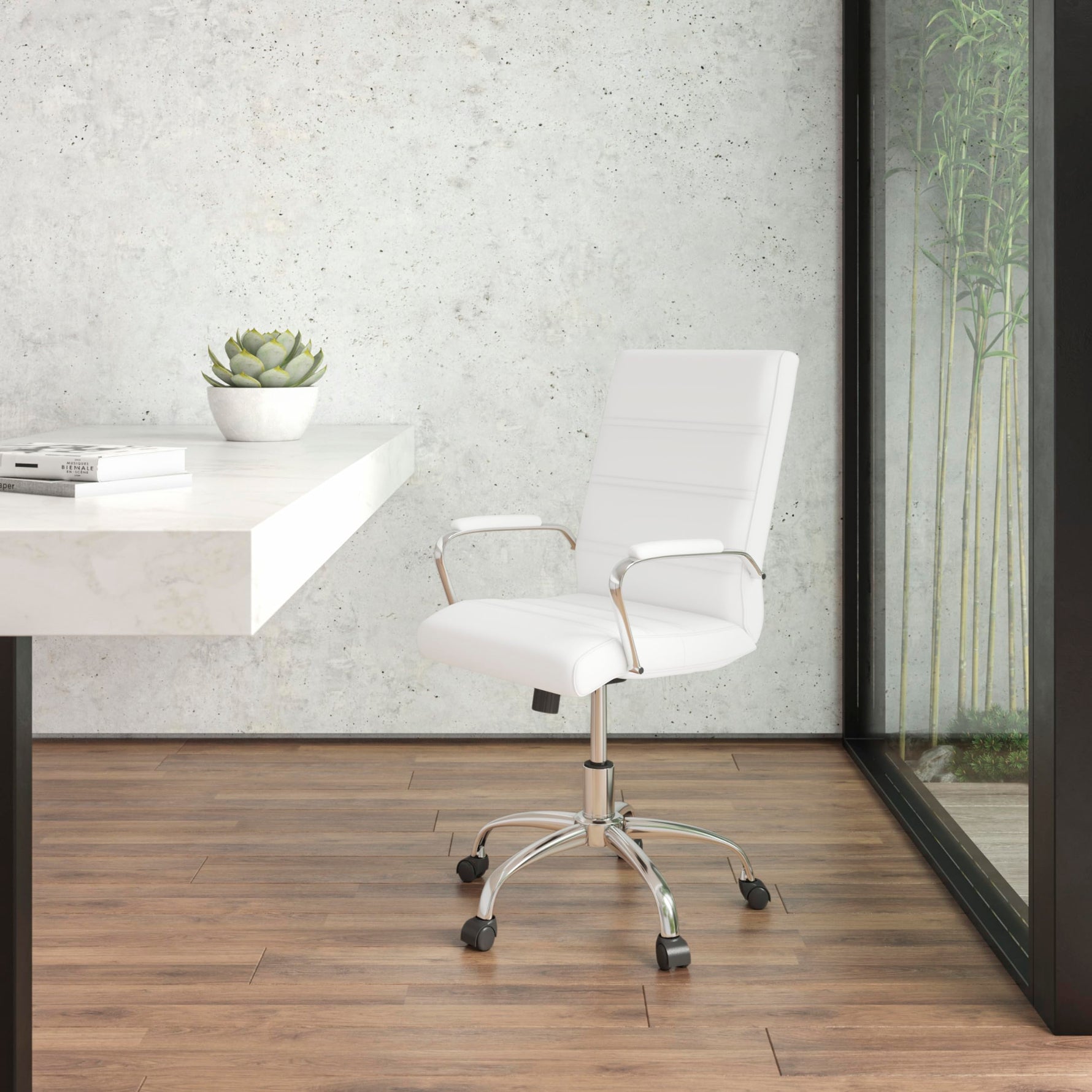 Flash Furniture Whitney Mid-Back Swivel LeatherSoft Desk Chair with Wheels, Padded Seat and Armrests, Adjustable Height Padded Office Chair, Black
