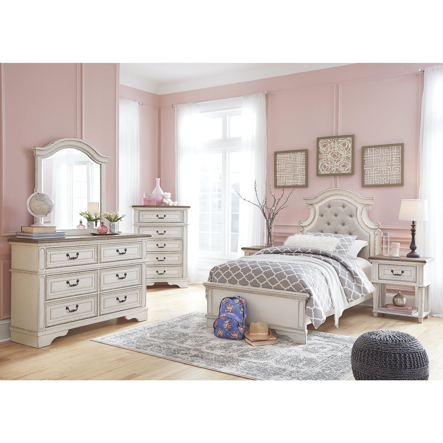 Signature Design By Ashley Realyn French Country Youth 6 Drawer Dresser, Chipped White & Brown