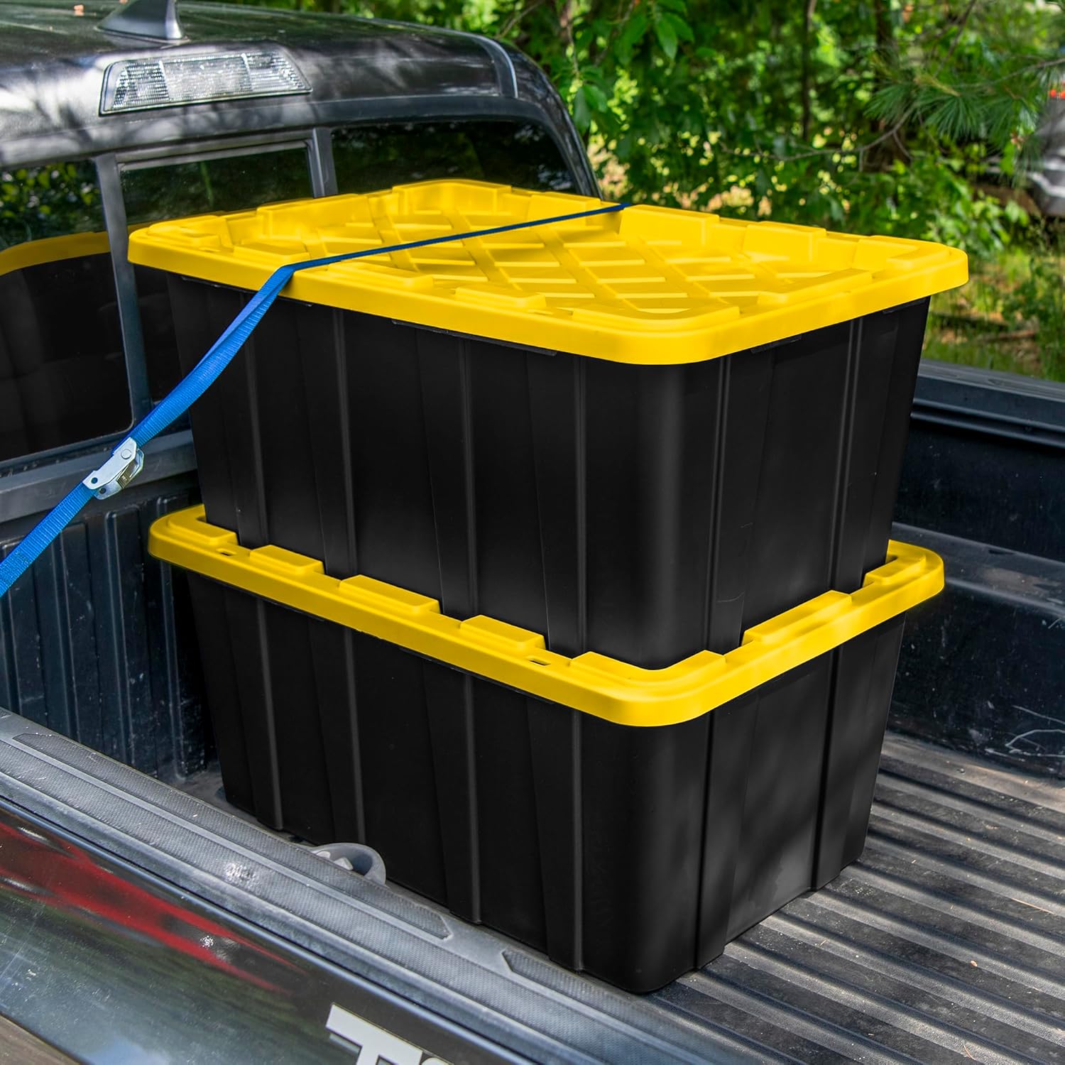 Sterilite Industrial Storage Tote with Lids for Garage, 27 Gallon, 4-Pack | Heavy-Duty and Stackable Utility Box Containers for Home, Office, and Basement Organization, Black/Yellow