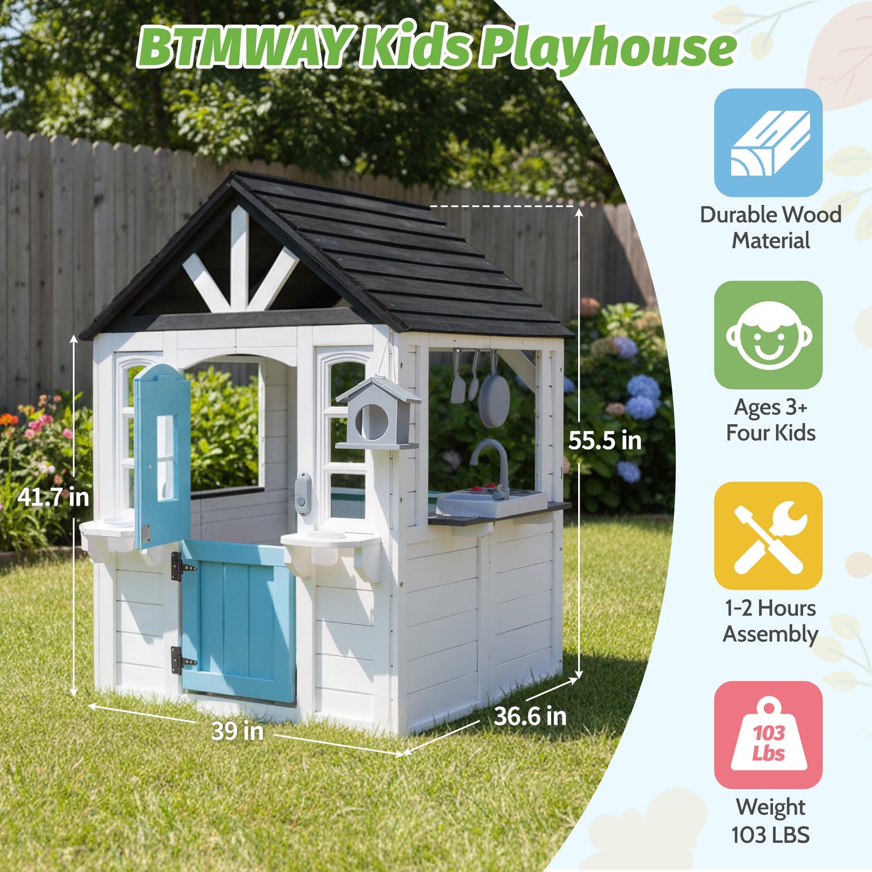 BTMWAY Kids Playhouse Outdoor,Cedar Wooden Play House for Kids Ages 3-8,with Dutch Door, Play Kitchen, Interactive Doorbell, Sink, Flowerpot, Birdcage
