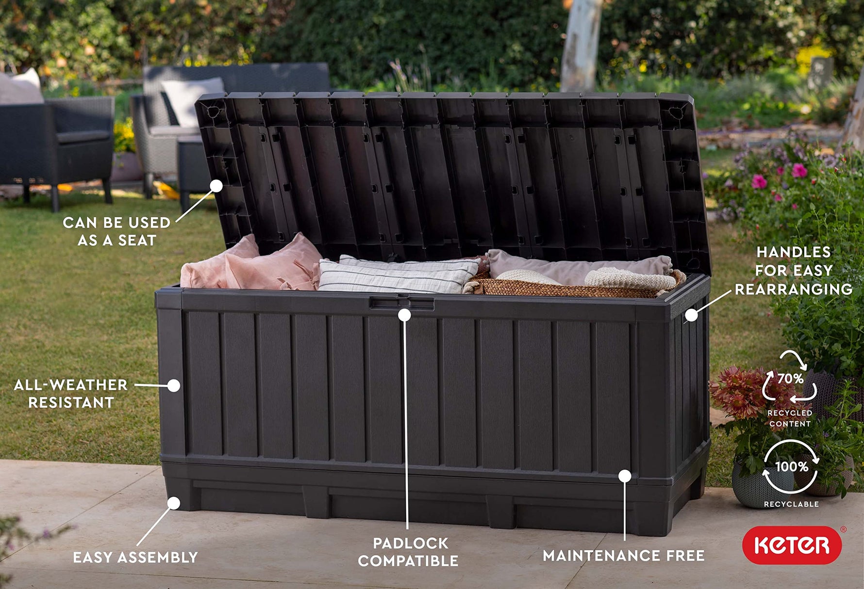 Keter Kentwood 92 Gallon Resin Deck Box-Organization and Storage for Patio Furniture Outdoor Cushions, Throw Pillows, Garden Tools and Pool Floats, Dark Grey