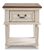 Signature Design by Ashley Realyn Traditional Cottage 1 Drawer Nightstand with Dovetail Construction & Open Display Shelf, Chipped White, 27" Tall, Distressed Brown