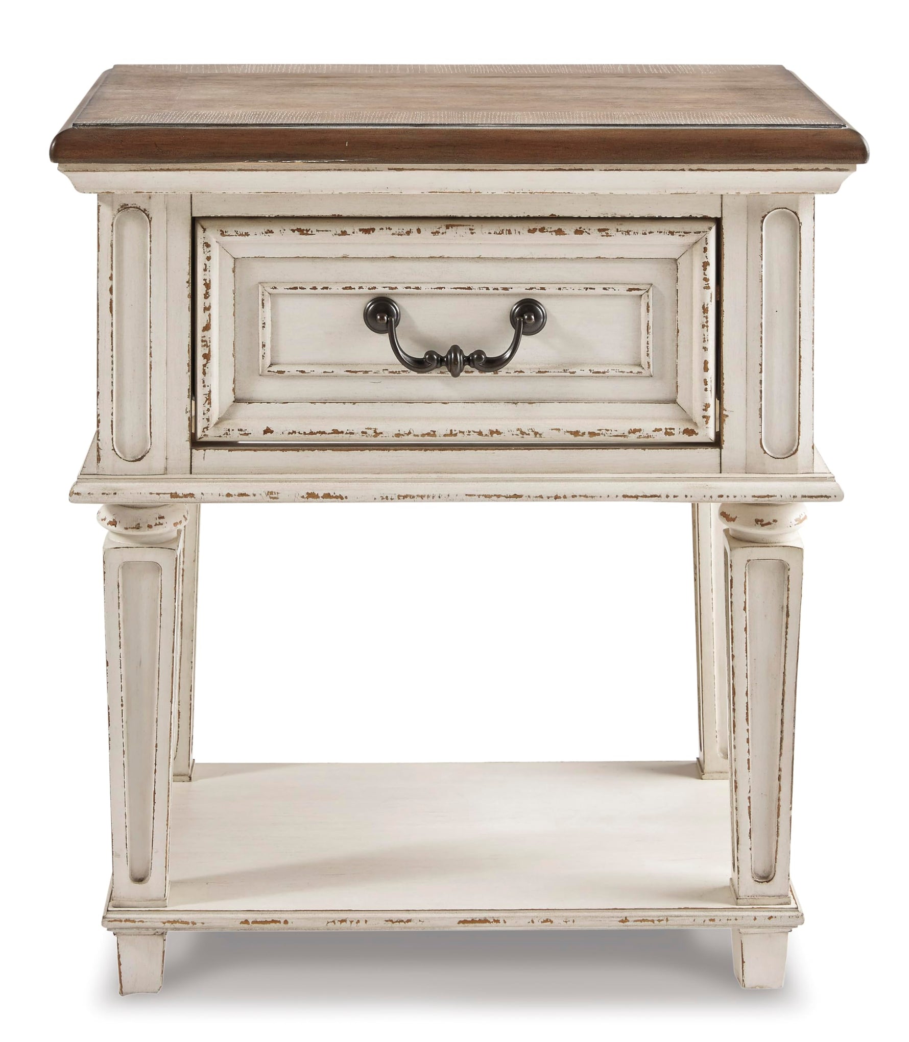 Signature Design by Ashley Realyn Traditional Cottage 1 Drawer Nightstand with Dovetail Construction & Open Display Shelf, Chipped White, 27" Tall, Distressed Brown