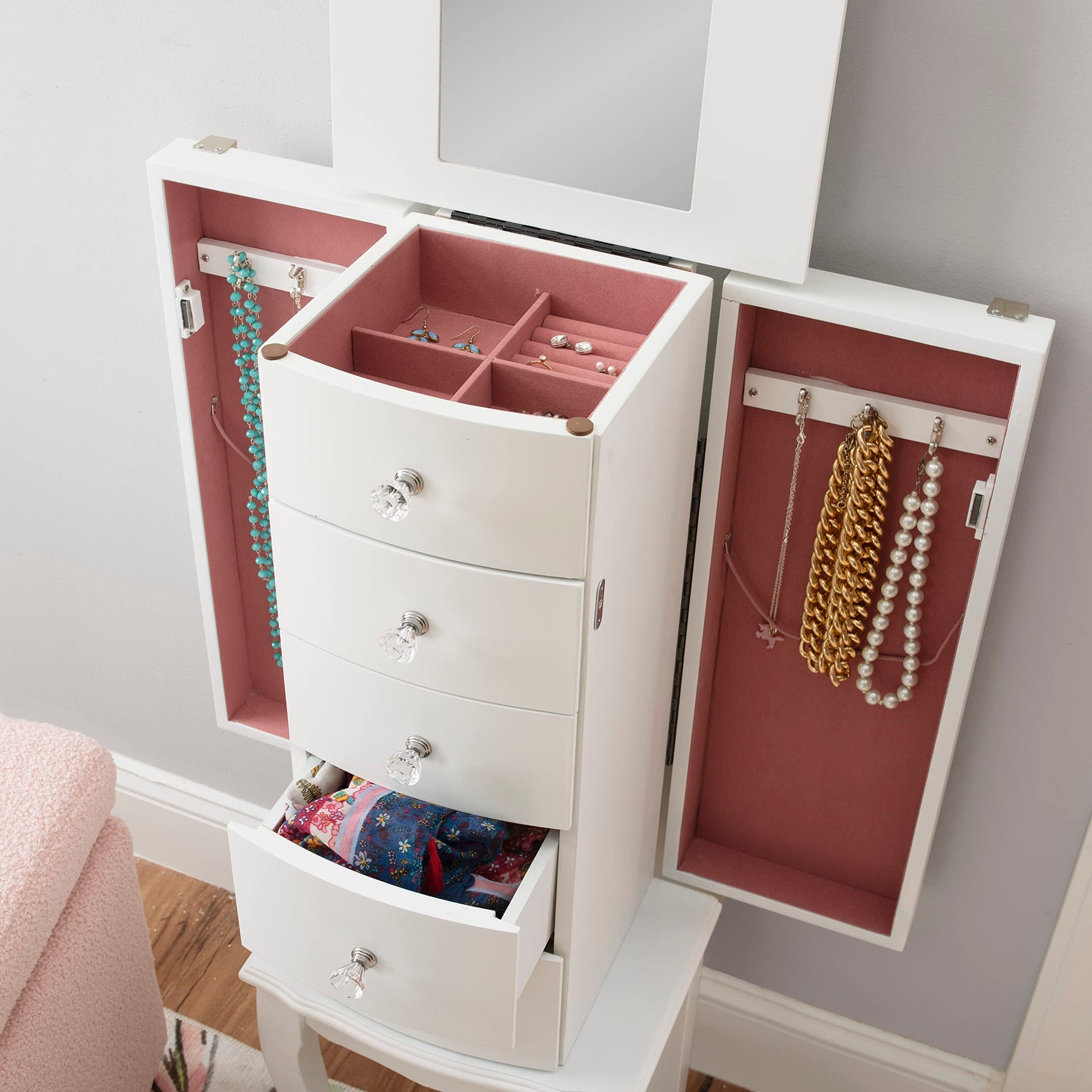 Powell Furniture Jewelry Armoire, White, 13"x 9.375"x 35.5"