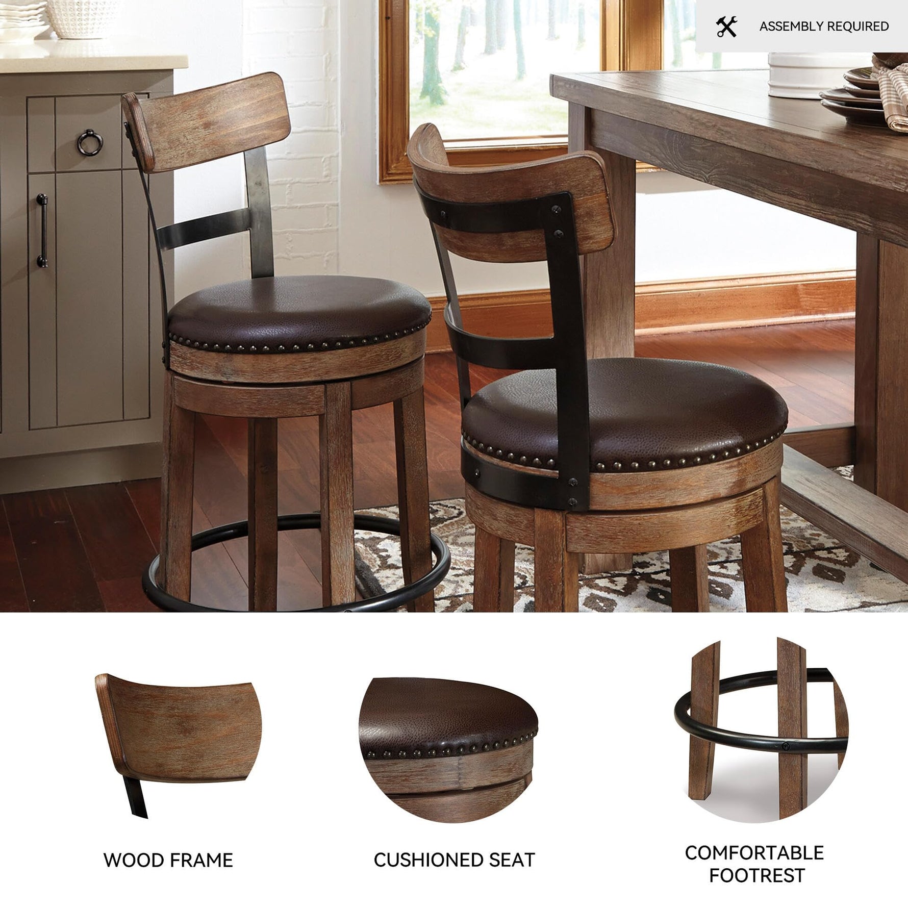 Signature Design by Ashley Valebeck Upholstered Swivel Stool, Cushioned Seat, Woven Fabric Upholstery, Wood, 24" H, Brown & Black