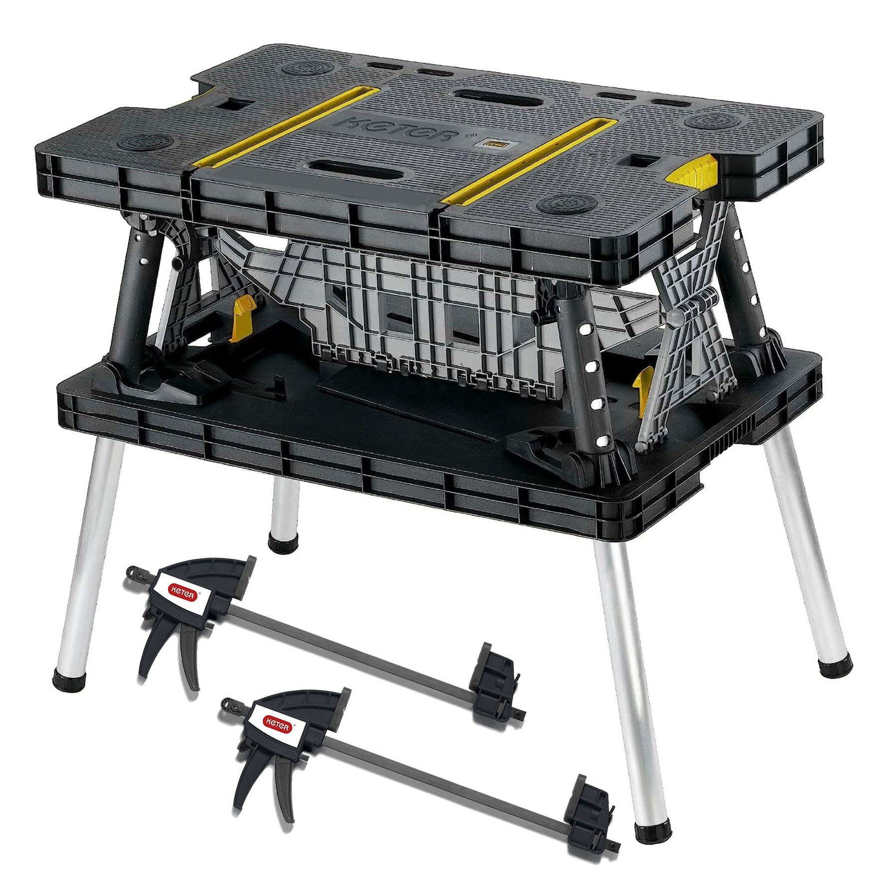 Keter Heavy-Duty Folding Workbench with 1,000 Pound Capacity - Foldable Work Table for Garage, Woodworking, and Outdoor Workshop with 12 Inch Adjustable Clamps